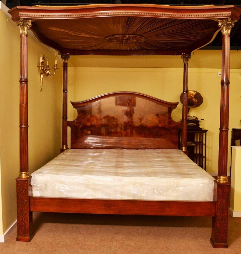 Vintage Super King Mahogany Four Poster Bed with Silk Canopy 20th C For