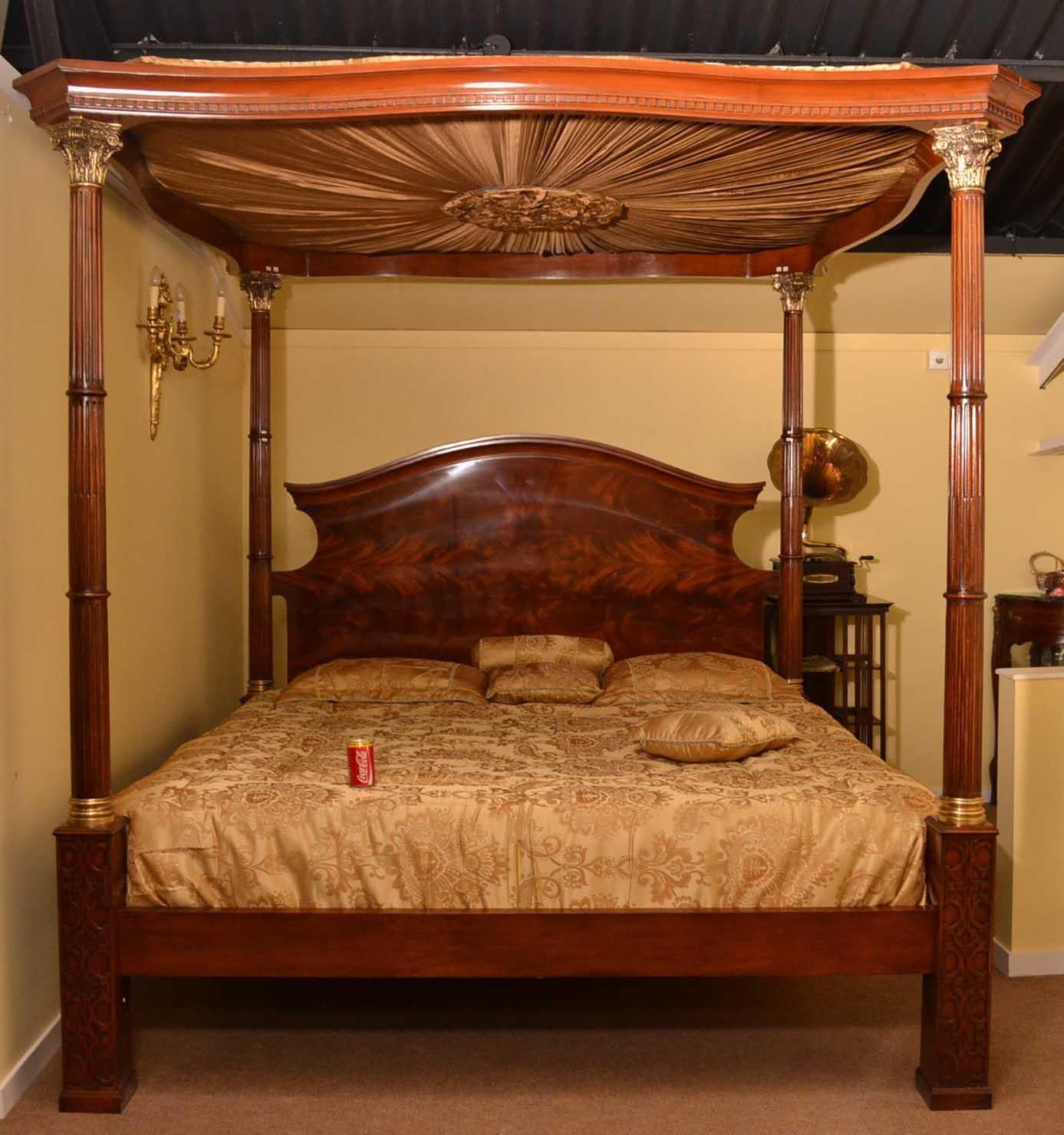 Vintage Super King Mahogany Four Poster Bed with Silk Canopy, 20th C 14