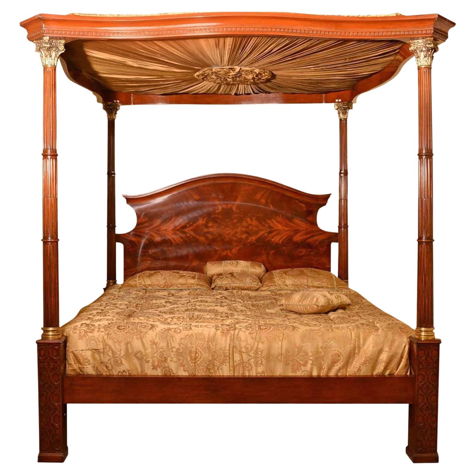 Vintage Super King Mahogany Four Poster Bed with Silk Canopy 20th C