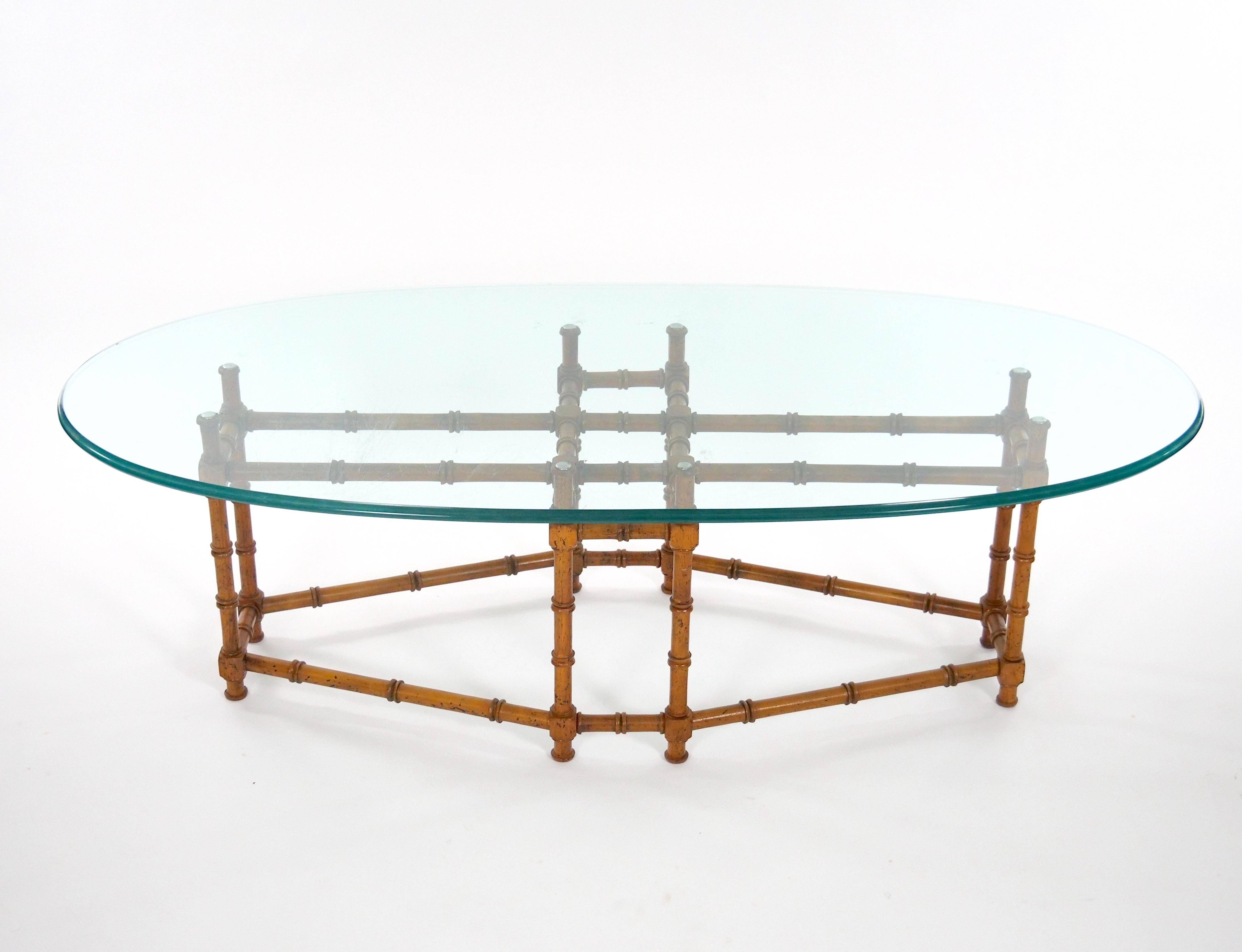 Mid-Century Modern Vintage Surfboard Shape Glass Top / Faux Bamboo Base Coffee Table For Sale
