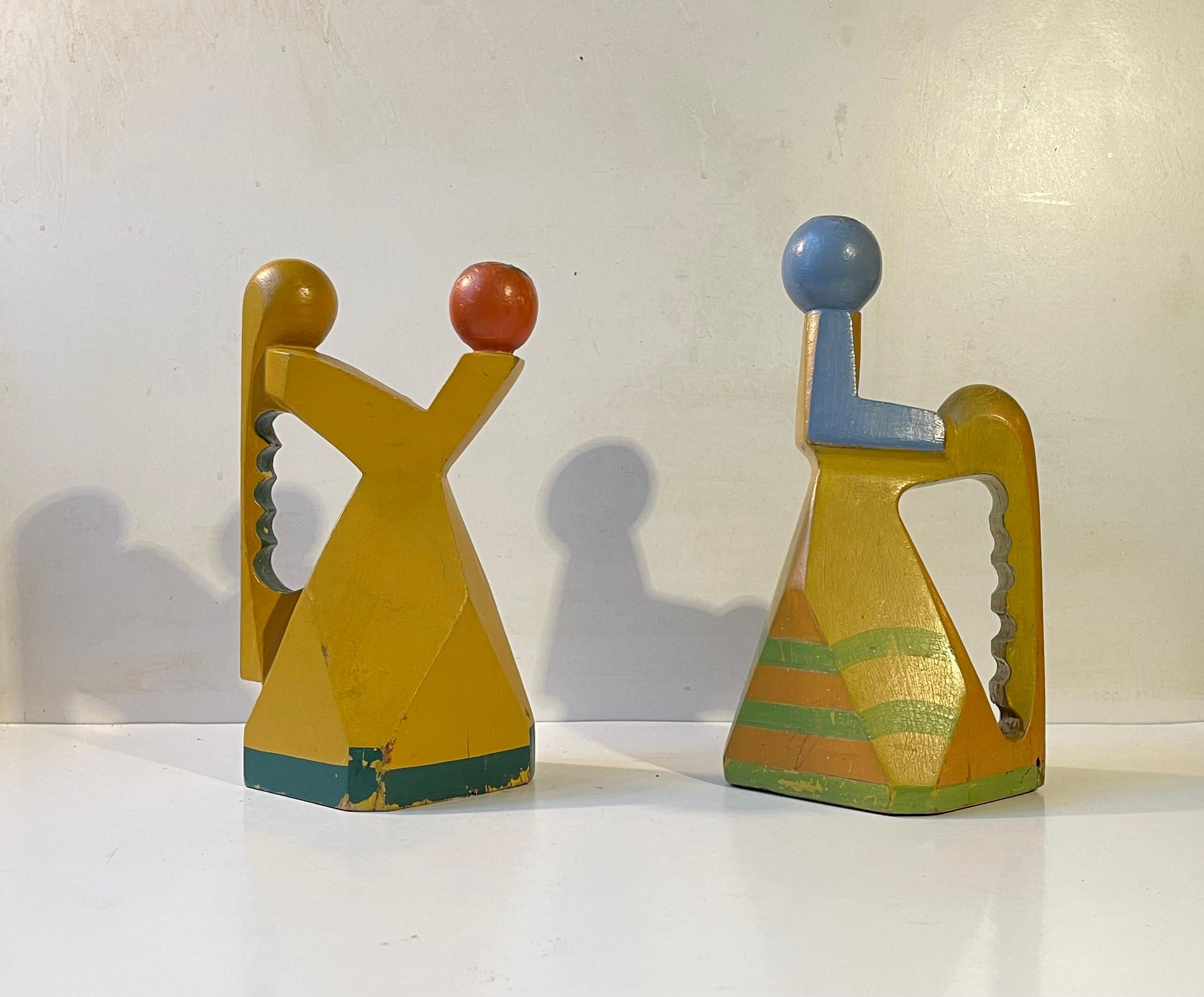 A set of 1950s sculptural surrealist candleholders in hand-painted re-cycled oak beams. Uniquely made by the Danish artist, sculptor, ceramist and poet Aksel Hansen (1896-1968). His style is very reminiscent of Picasso, Alexander Archipenko in
