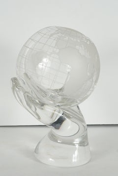 Vintage Surrealist Crystal Sculpture of a Hand Holding the World Globe