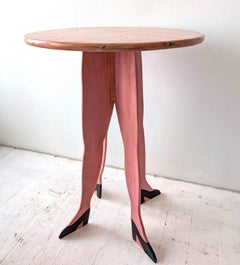 Vintage surrealist folk art four-legged painted wood table, handmade in the 80s