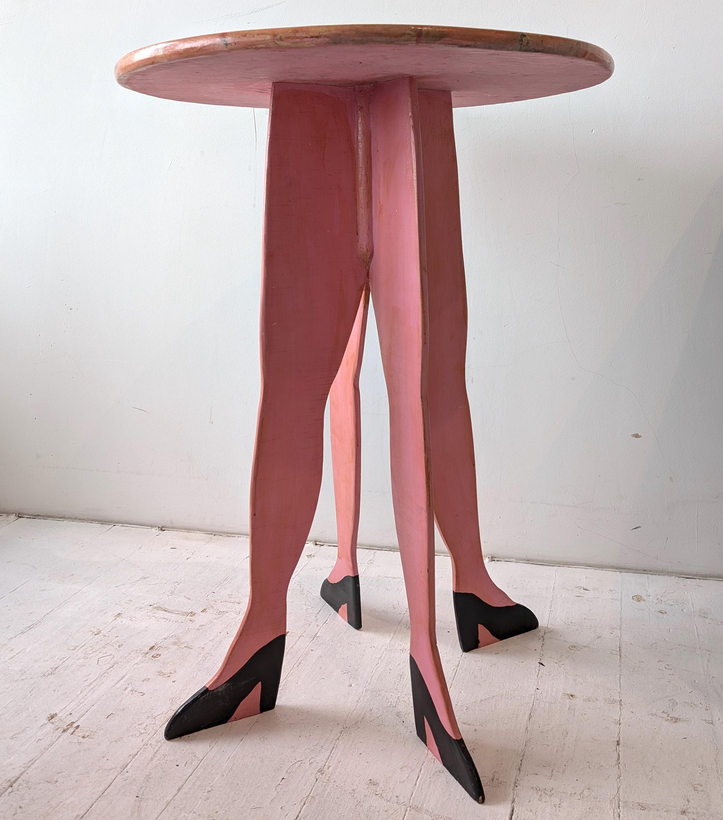 Folk Art Vintage surrealist folk art four-legged painted wood table, handmade in the 80s For Sale