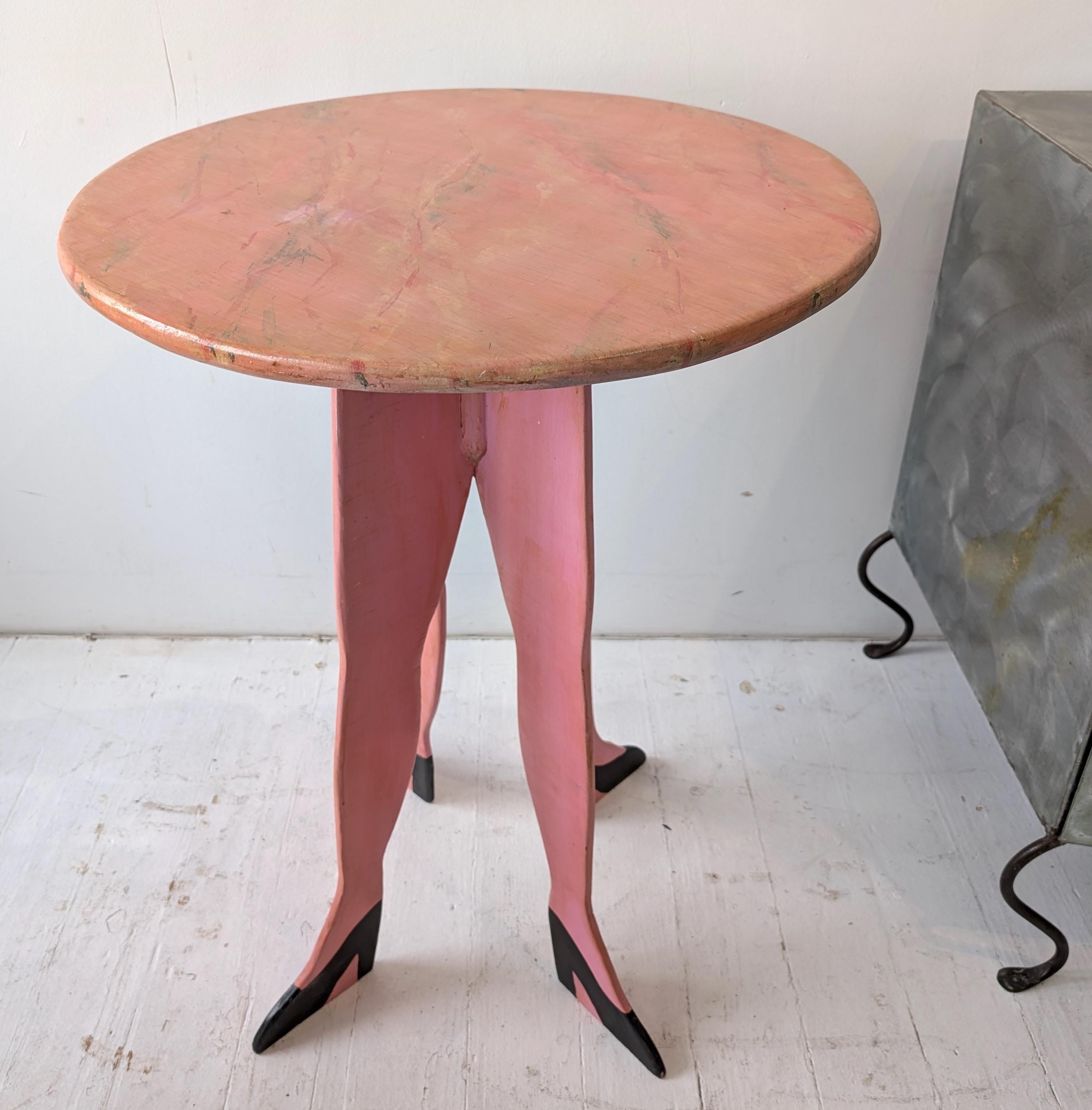 American Vintage surrealist folk art four-legged painted wood table, handmade in the 80s For Sale