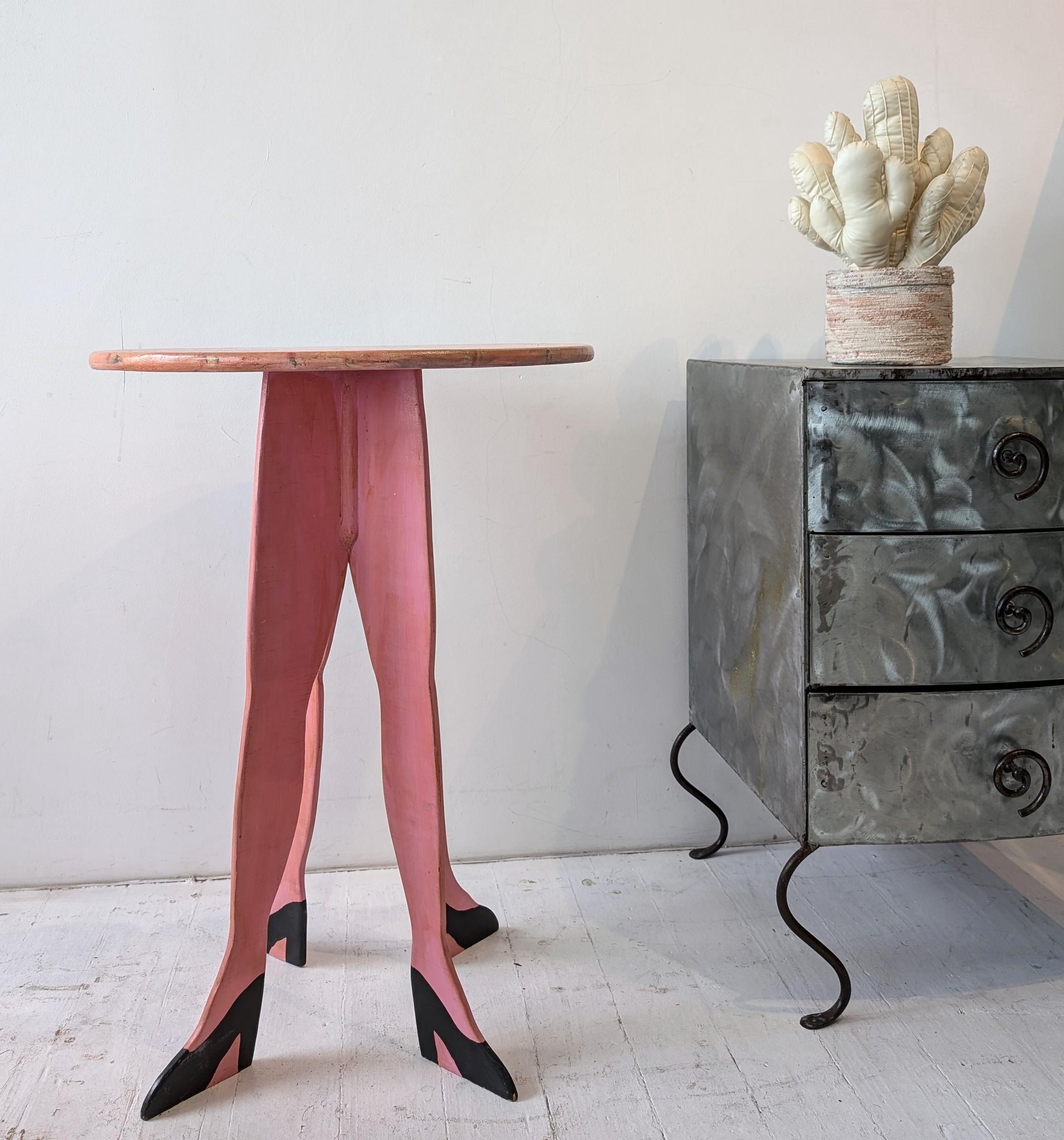 Vintage surrealist folk art four-legged painted wood table, handmade in the 80s In Good Condition For Sale In Hastings, GB