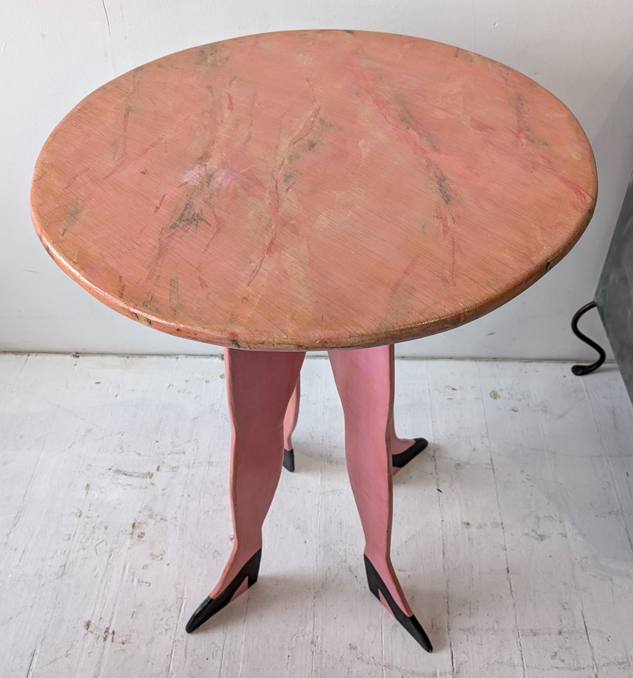 20th Century Vintage surrealist folk art four-legged painted wood table, handmade in the 80s For Sale