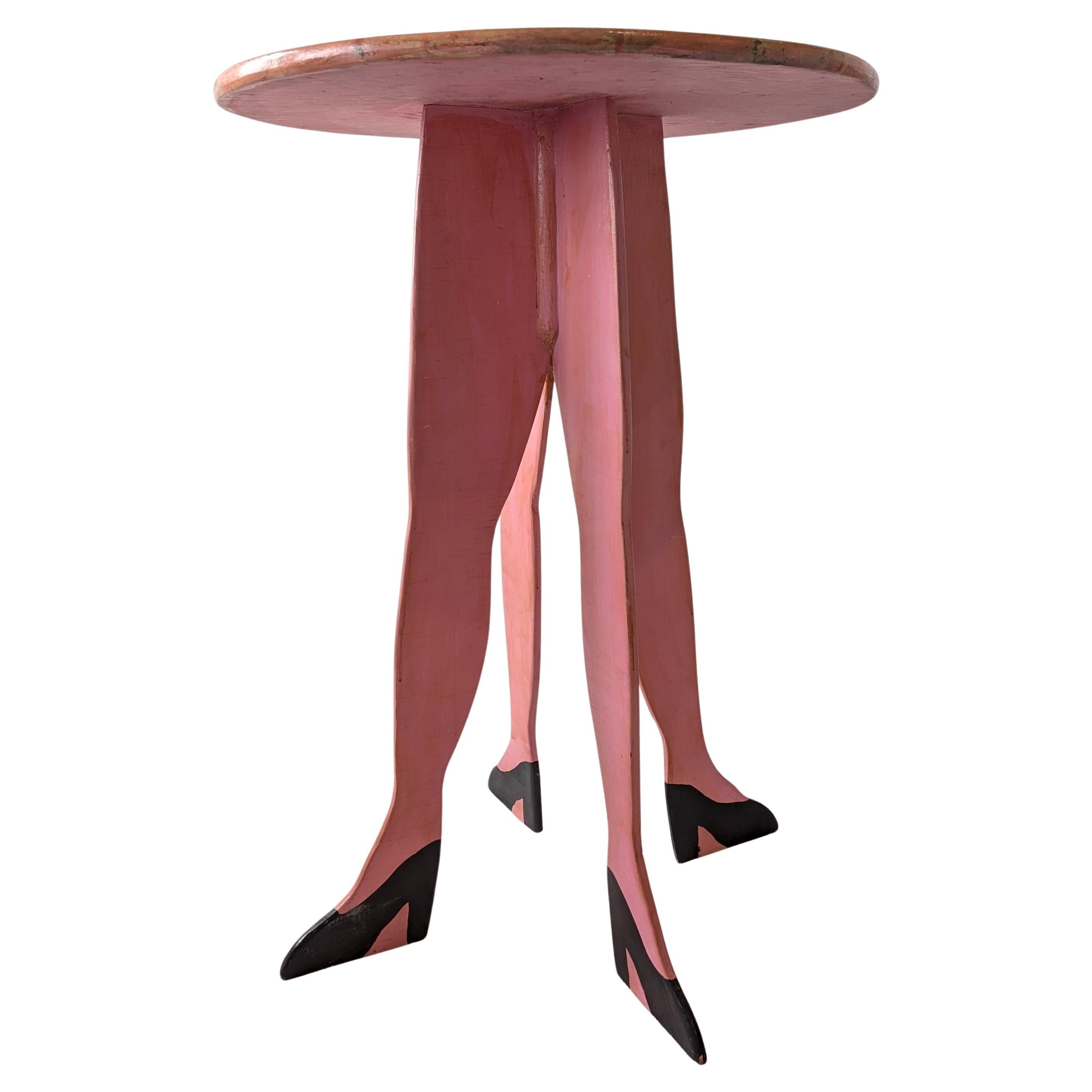 Vintage surrealist folk art four-legged painted wood table, handmade in the 80s For Sale