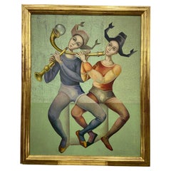 Vintage Surrealist Modernist Style Painting of Saltimbanque Harlequin Musicians