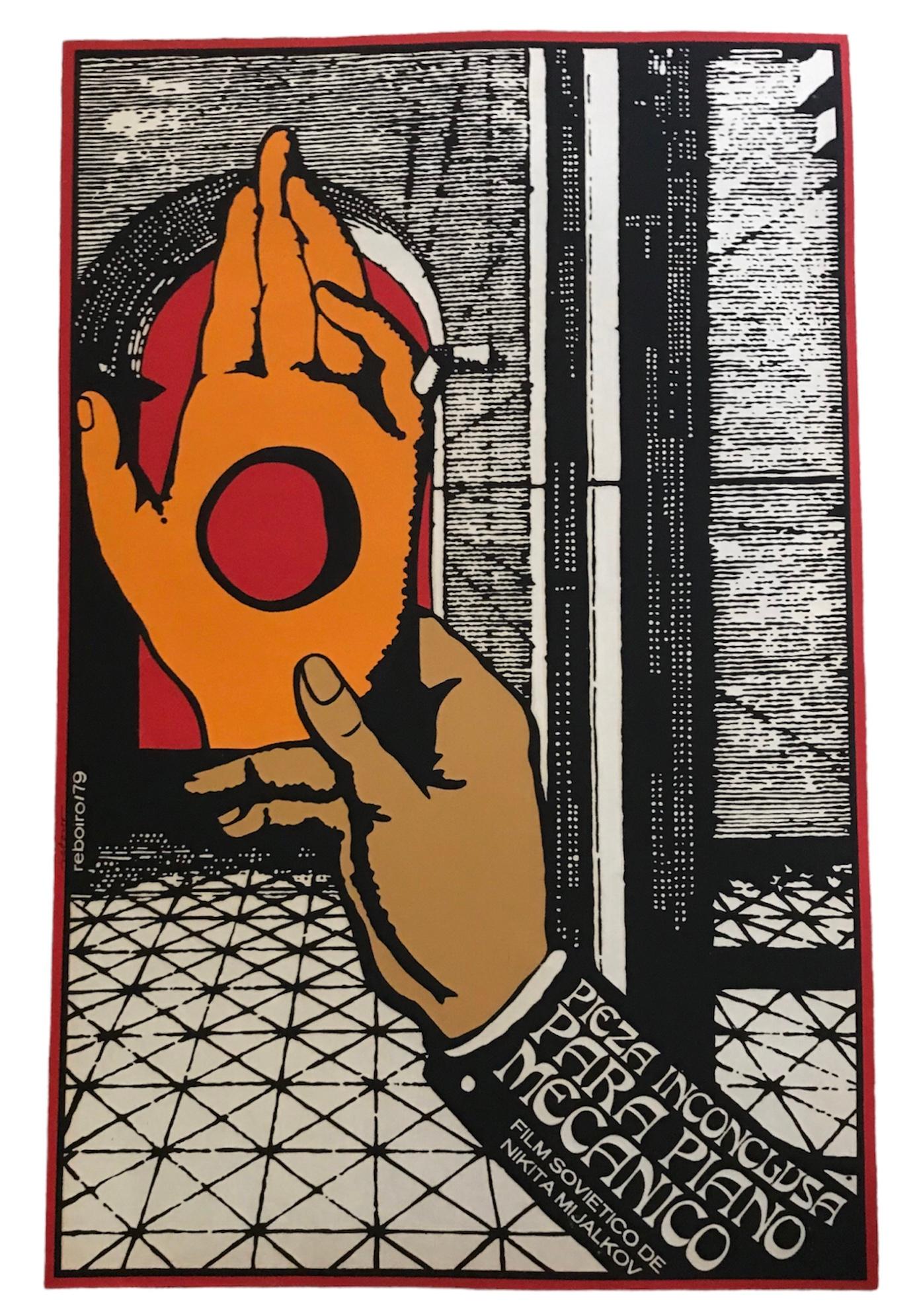 1979 Cuban Silkscreen Poster for Soviet Film Pieza Inconclusa by Russian Director and Actor Nikita Mijalkov (b.1945).   Surrealist silkscreen art work by  Antonio Fernández Reboiro. Reminiscent of Rene Magrite, it depicts an arm holding a hand with