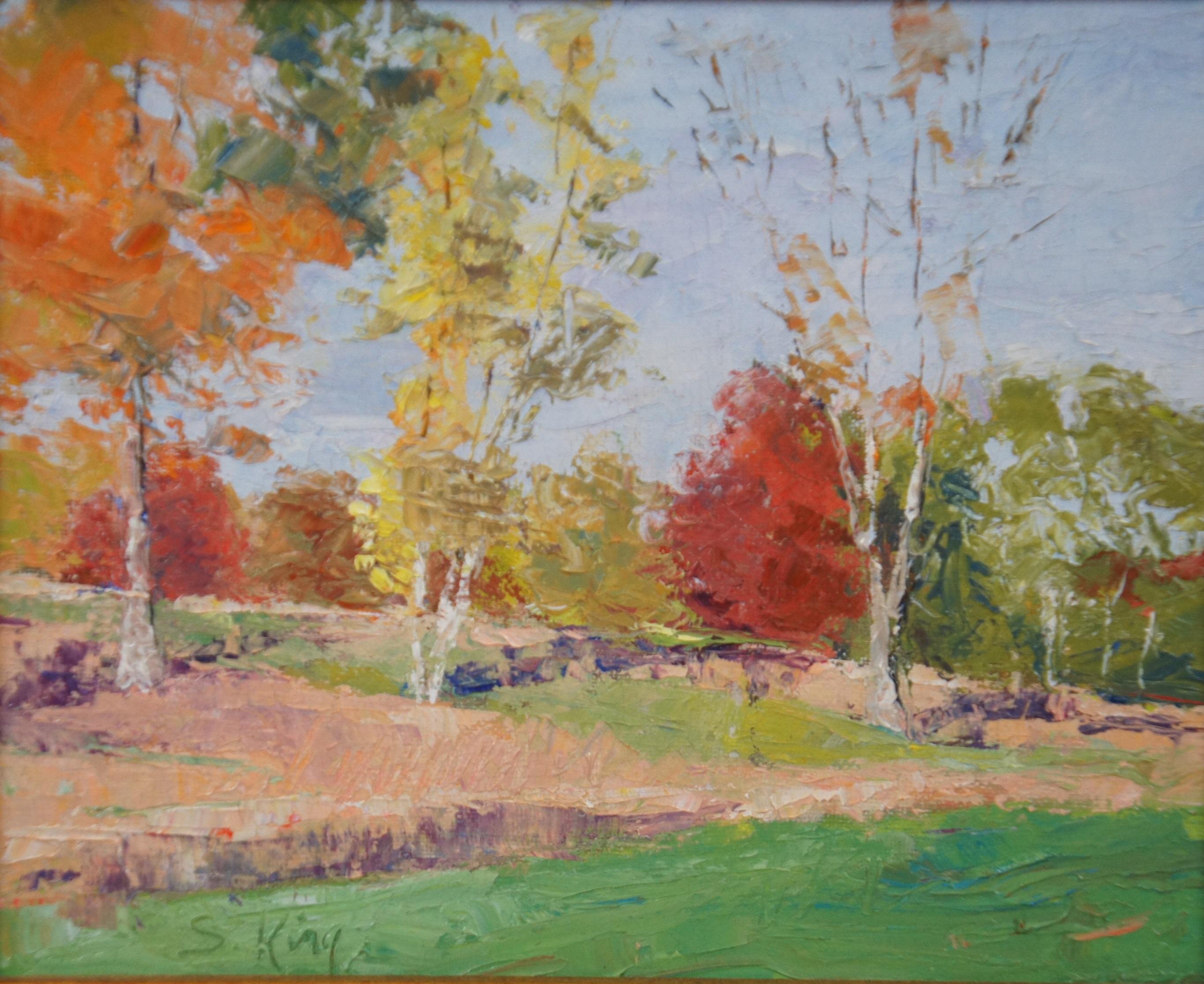 Peinture  l'huile impressionniste vintage Susie King - Paysage d'automne en vente 1