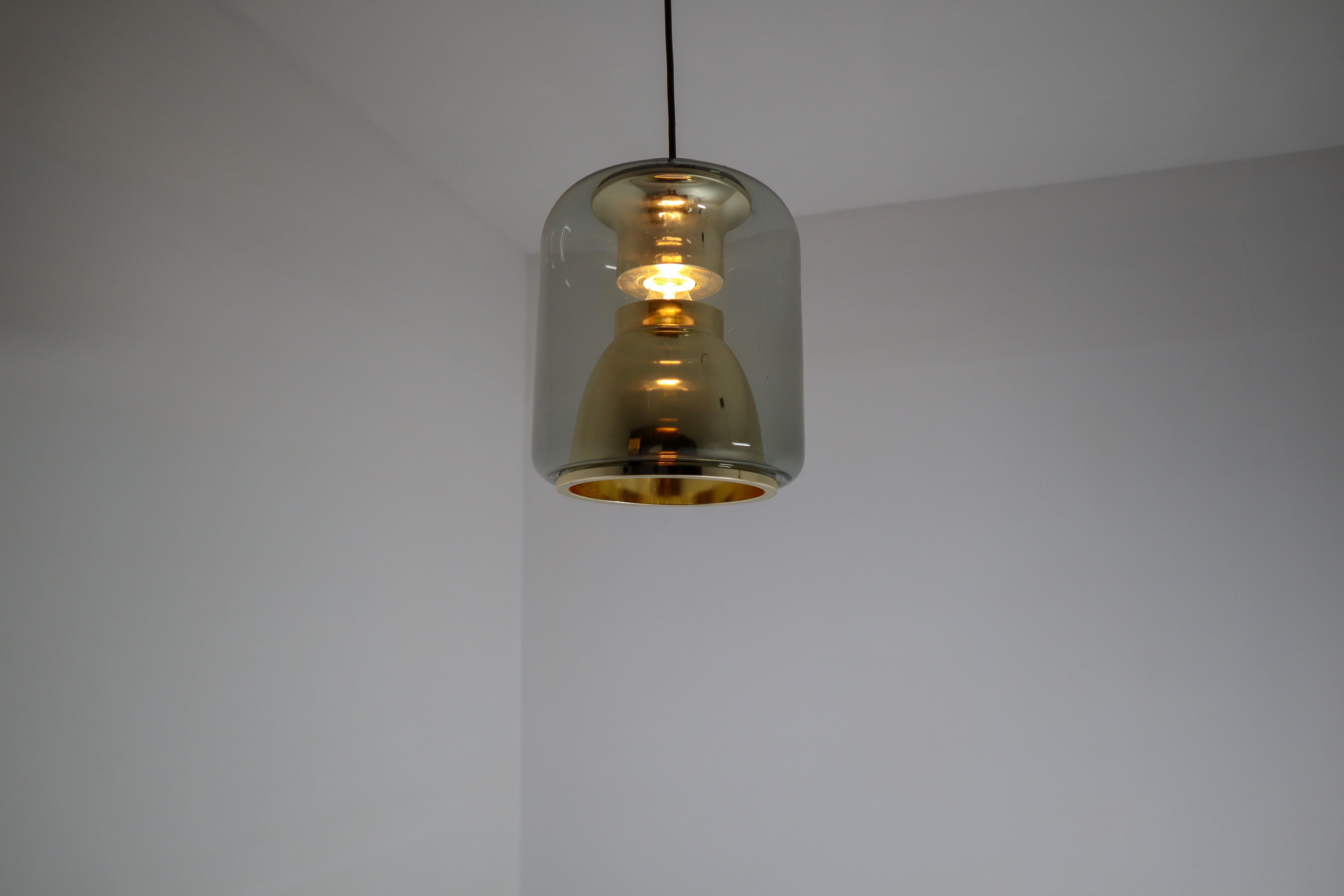 Vintage Suspension Lamp in Smoked Glass with Golden details, by ERCO, Germany  7