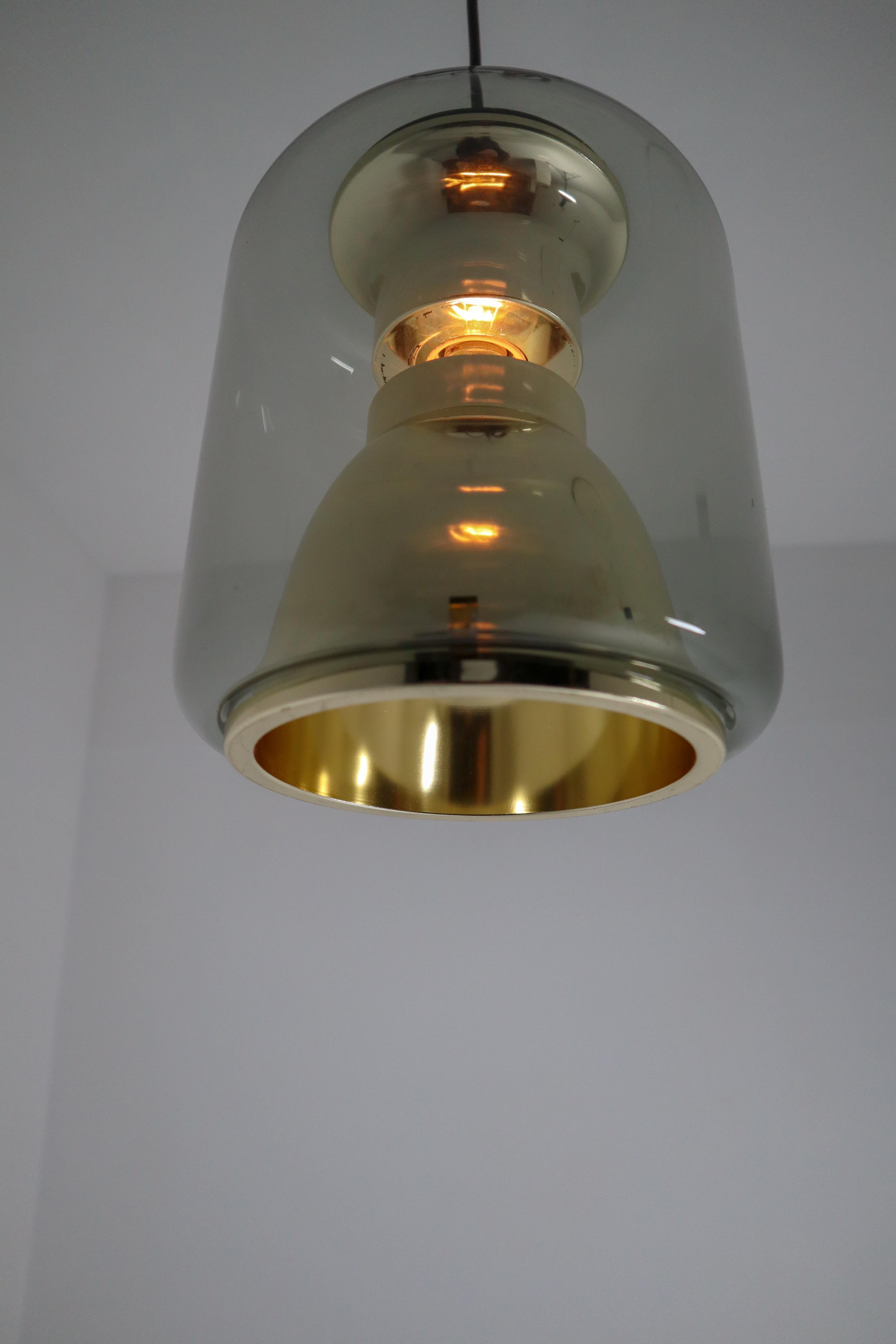 Aluminum Vintage Suspension Lamp in Smoked Glass with Golden details, by ERCO, Germany 
