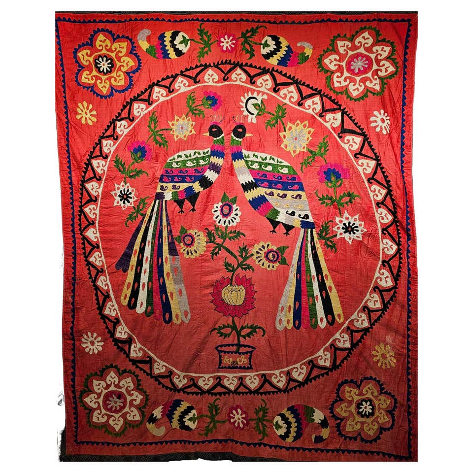 Ottoman Silk Red Tulip Hand Embroidered Suzani Tapestry For Sale at 1stDibs