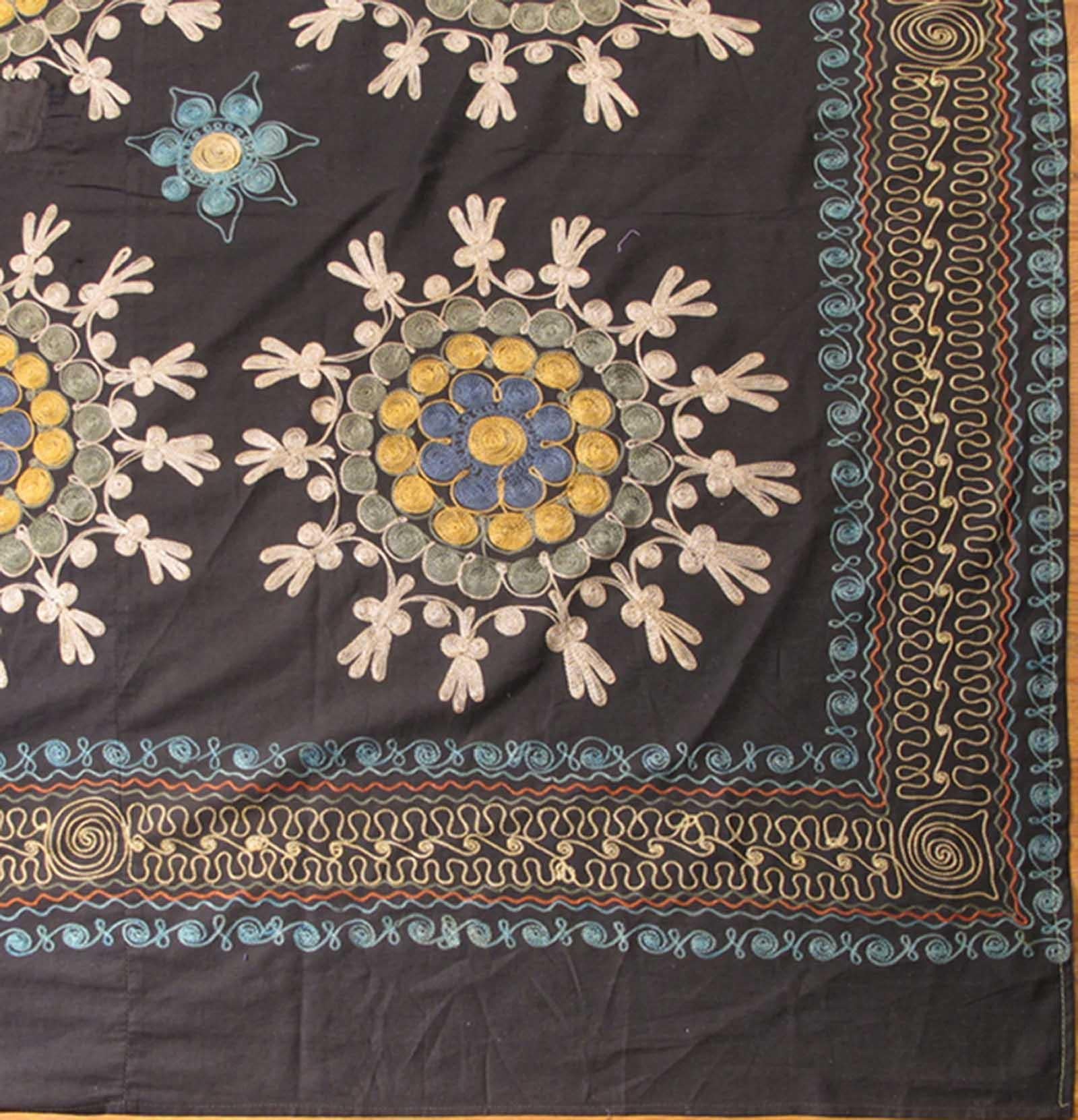 Vintage Suzani embroidery in black background with yellow, blues and taupe, rug / H-1306-3, 