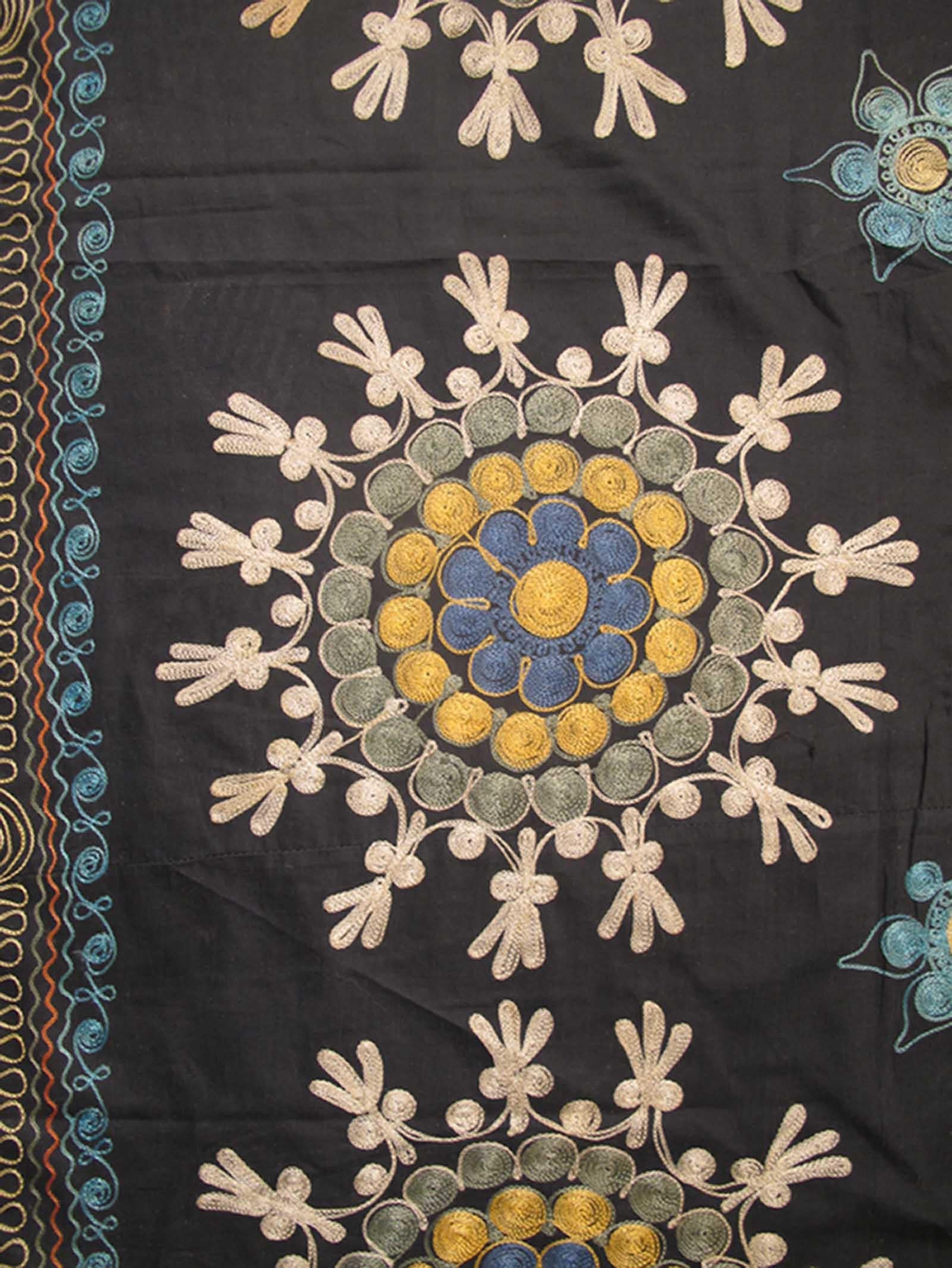 Uzbek Vintage Suzani Embroidery in Black Background with Yellow, Blues and Taupe