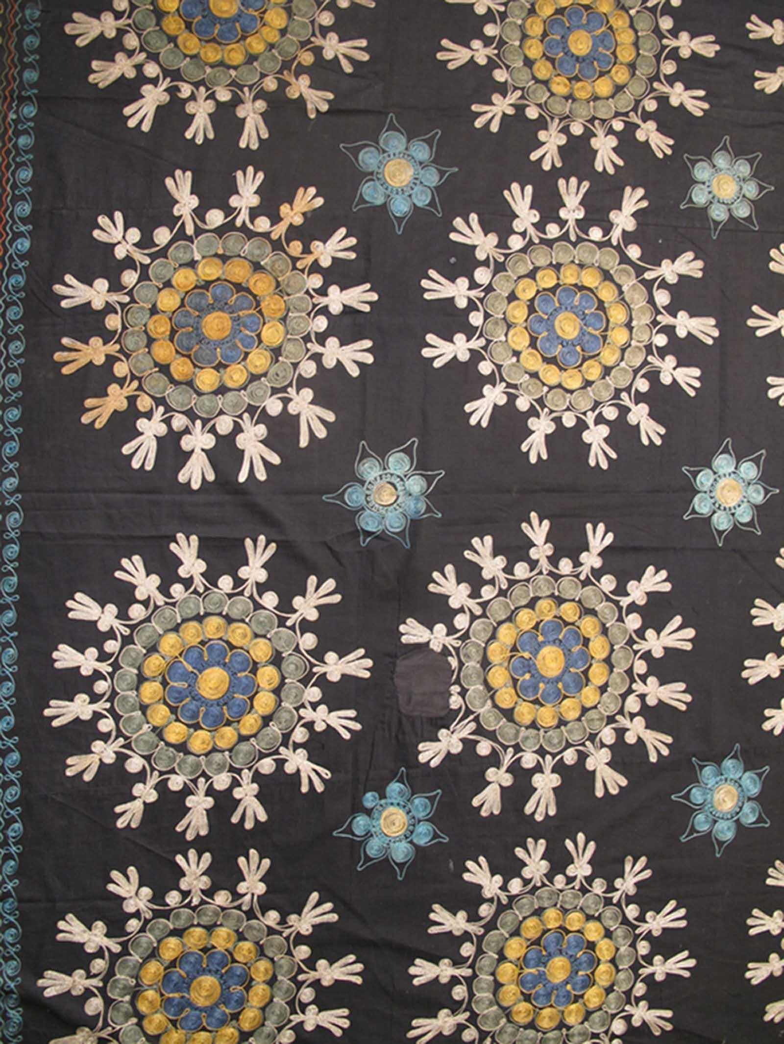 Hand-Woven Vintage Suzani Embroidery in Black Background with Yellow, Blues and Taupe