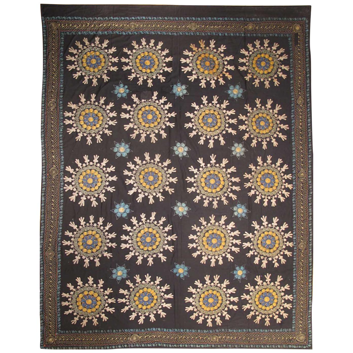 Vintage Suzani Embroidery in Black Background with Yellow, Blues and Taupe