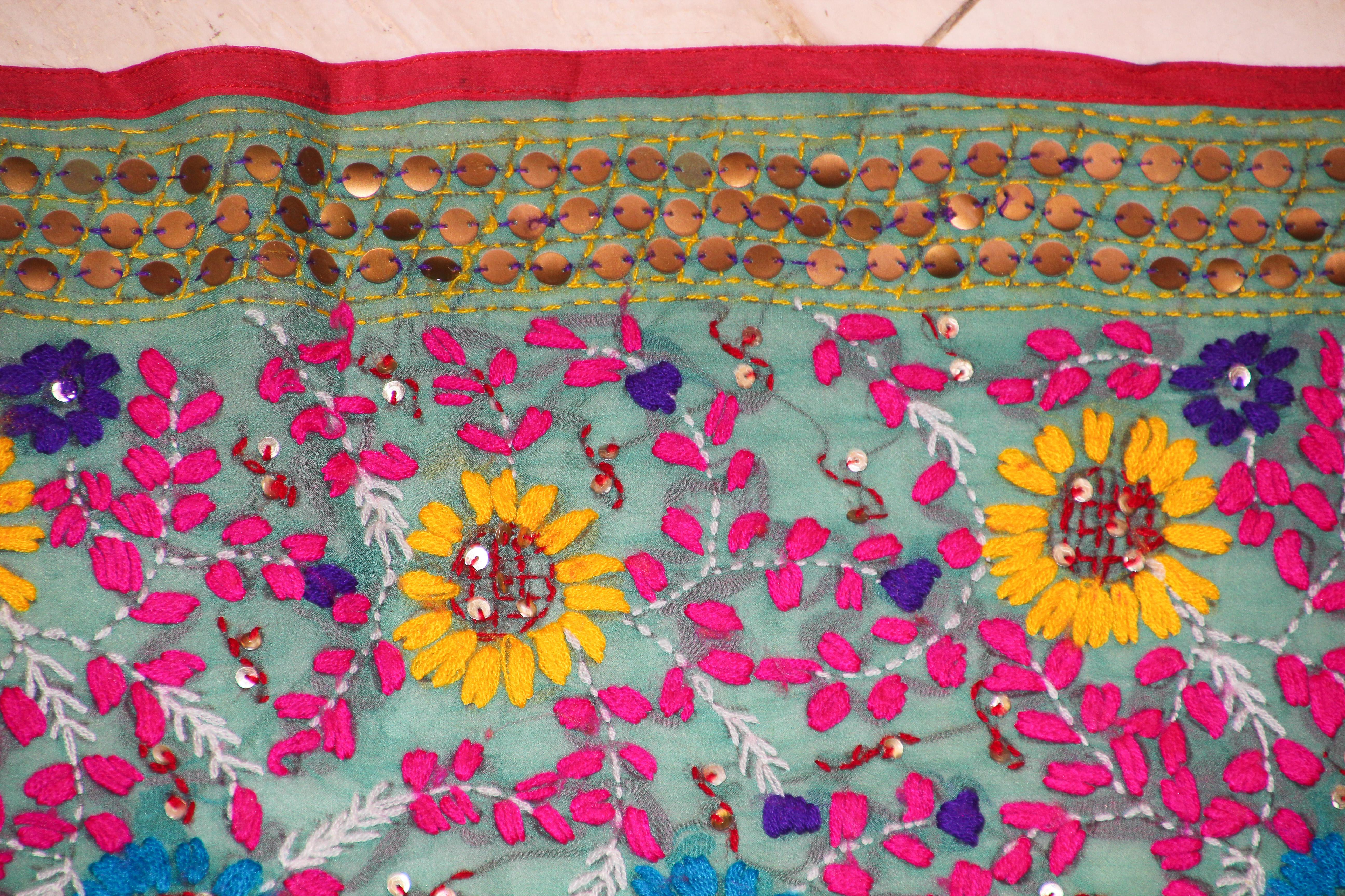 Vintage Suzani Embroidery in Teal Background with Yellow Pink Turquoise For Sale 3