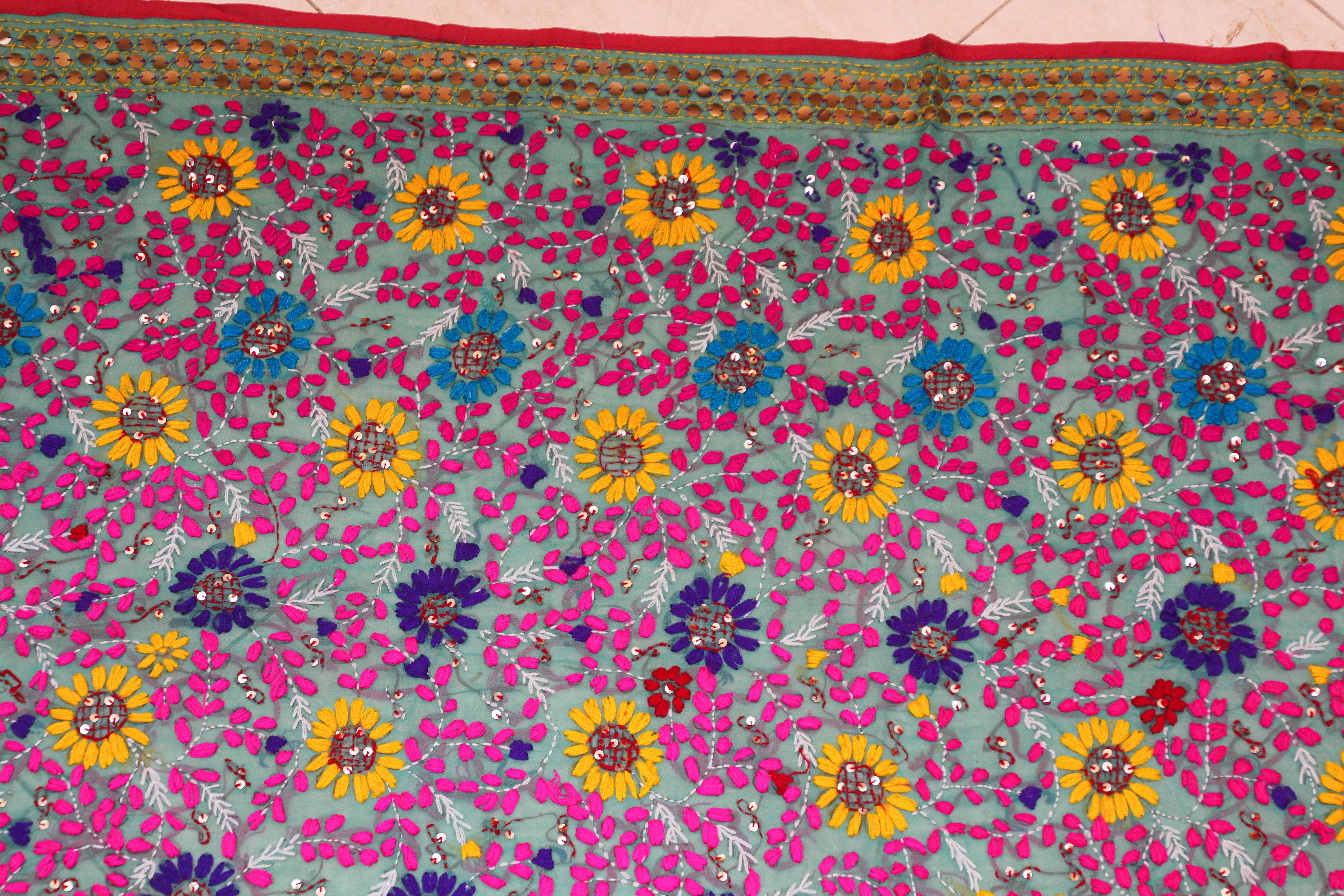 Vintage Suzani Embroidery in Teal Background with Yellow Pink Turquoise For Sale 4
