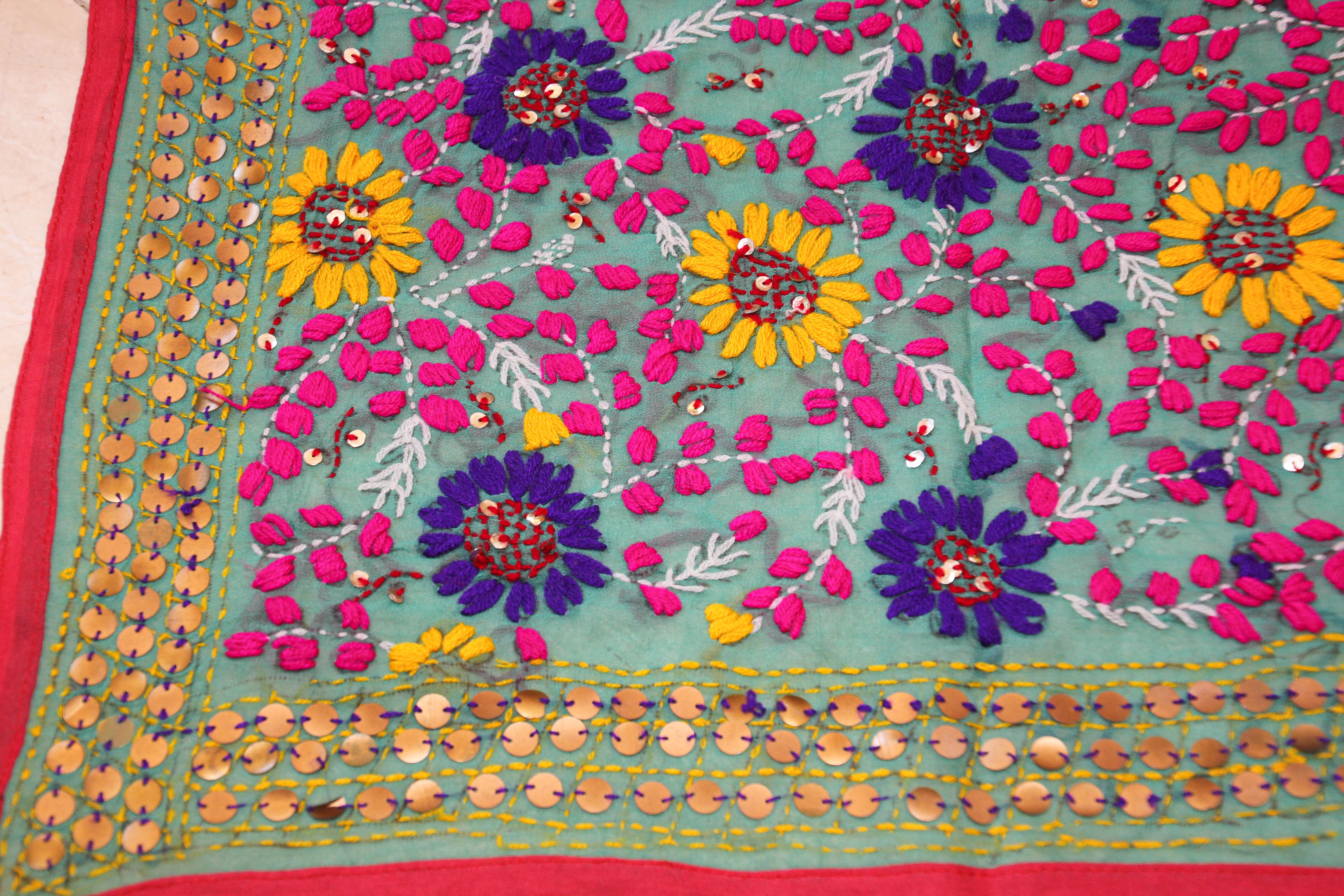 Vintage Suzani Embroidery in Teal Background with Yellow Pink Turquoise For Sale 9