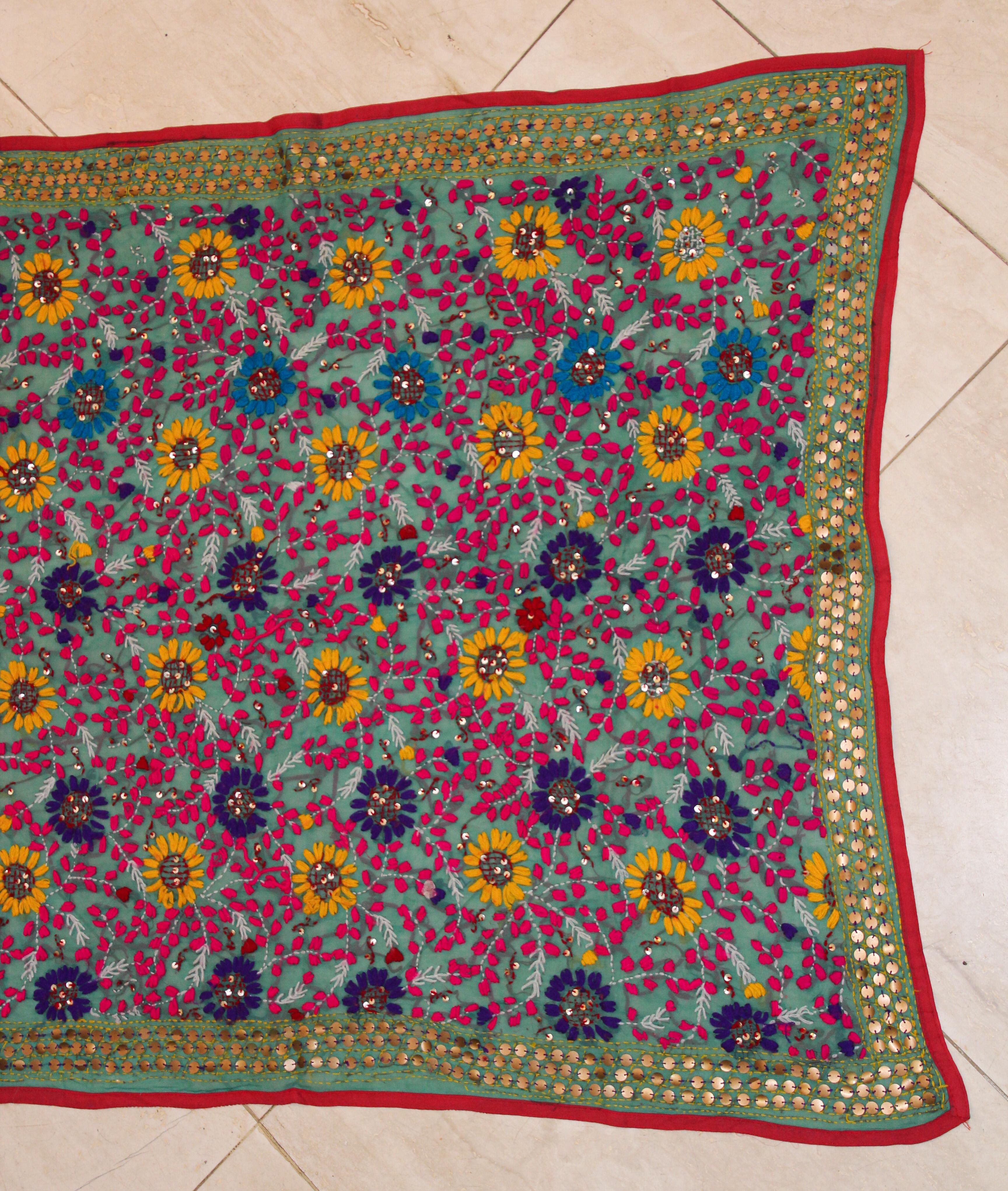 Uzbek Vintage Suzani Embroidery in Teal Background with Yellow Pink Turquoise For Sale