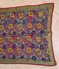 Vintage Suzani Embroidery in Teal Background with Yellow Pink Turquoise