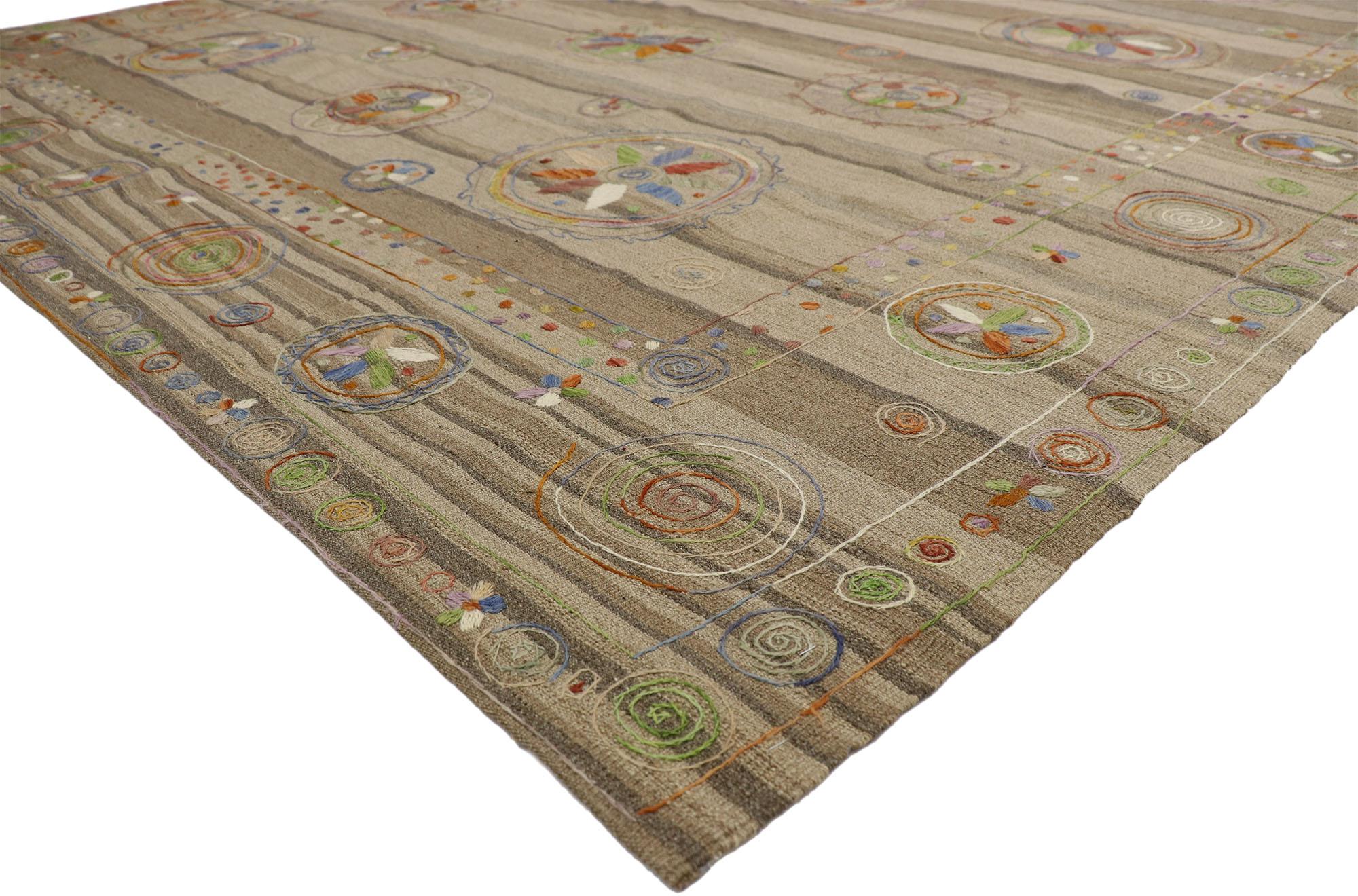 80102, vintage Suzani Kilim rug with embroidered Bohemian style. This handwoven wool vintage Suzani Kilim rug features an embroidered Bohemian style. The Suzani Kilim rug displays a beautiful geometric multicolored design composed of large and small