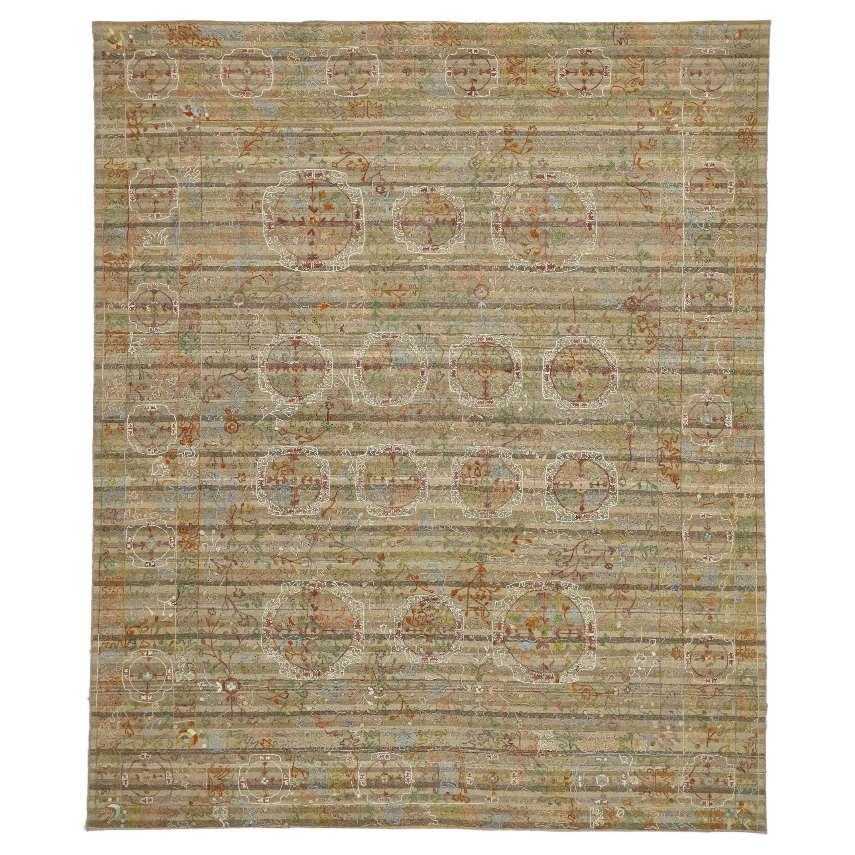 Vintage Suzani Kilim Rug with Embroidered Bohemian Style For Sale