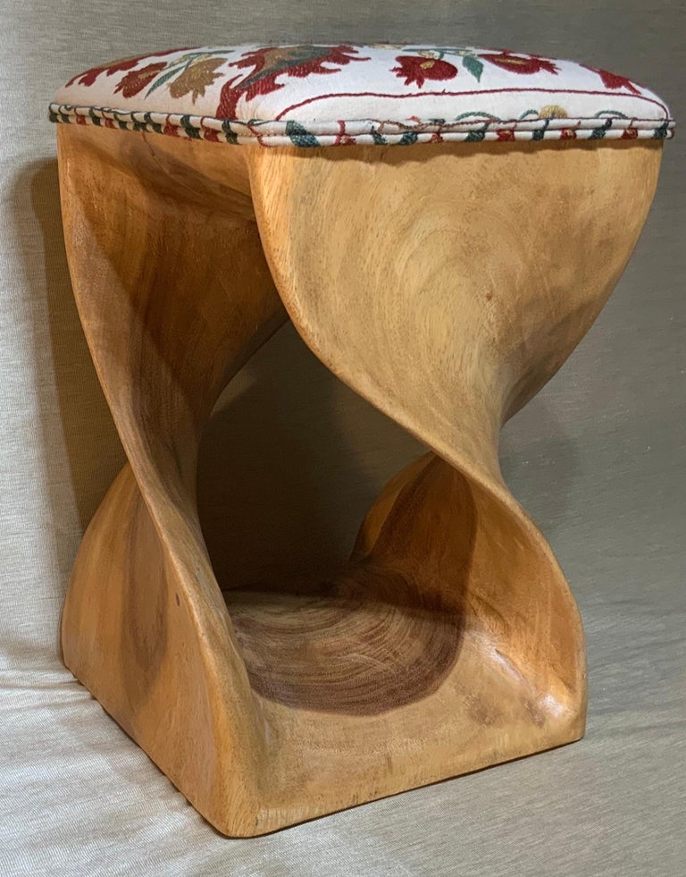 Vintage Suzani Upholster Hand Carved Wood Sitting Stool at 1stDibs