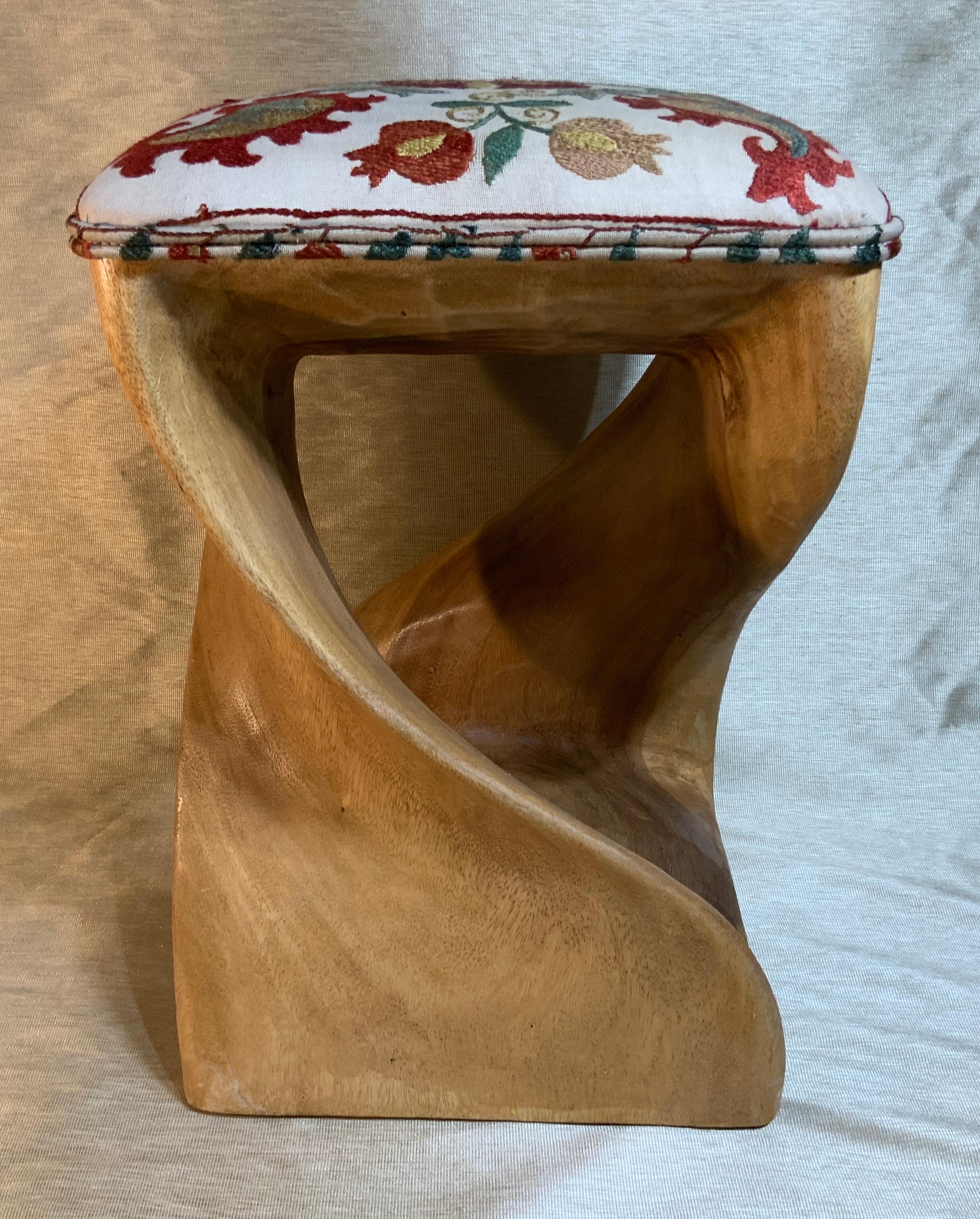 Mid-20th Century Vintage Suzani Upholster Hand Carved Wood Sitting Stool