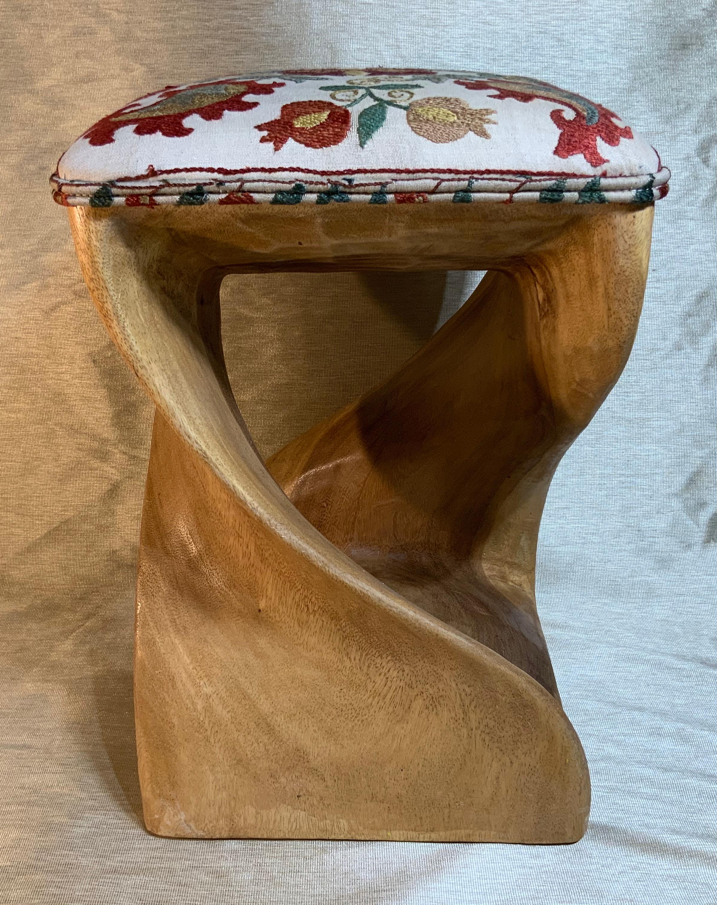 Cotton Vintage Suzani Upholster Hand Carved Wood Sitting Stool