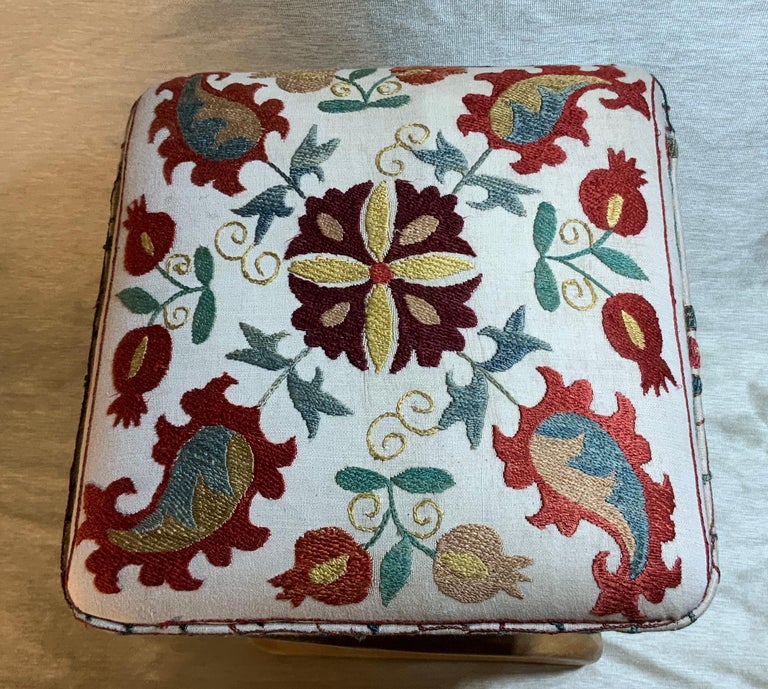 Vintage Suzani Upholster Hand Carved Wood Sitting Stool at 1stDibs