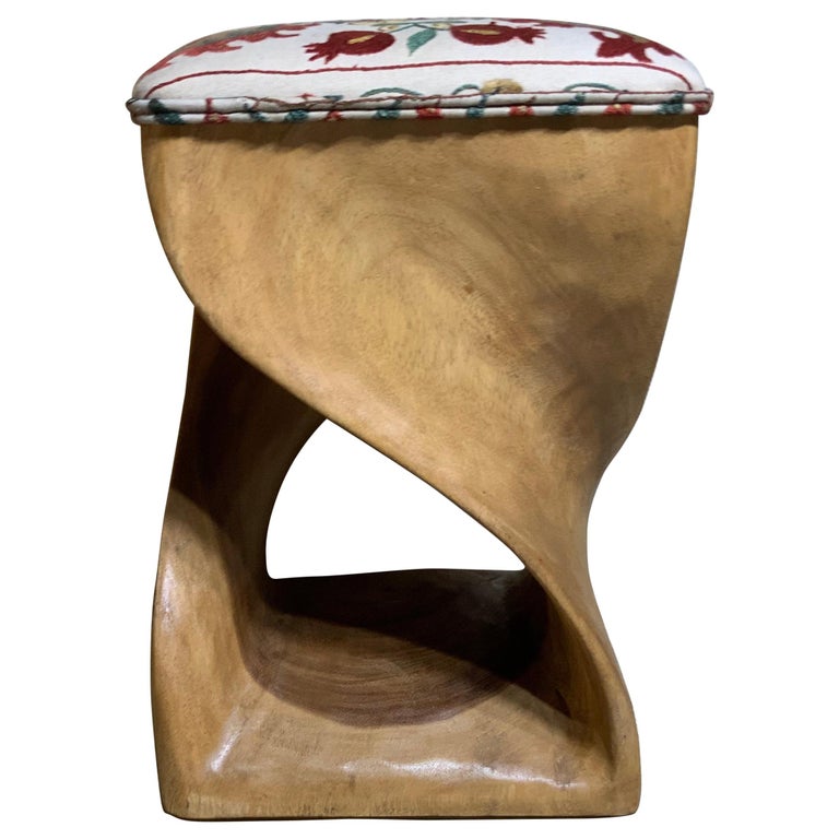 Vintage Suzani Upholster Hand Carved Wood Sitting Stool at 1stDibs