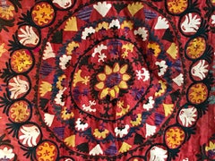 Vintage Suzani Uzbek Textile Red Yellow and Black Embroidery on Silk