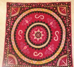 Vintage Suzani Uzbekistan Embroidered Textile Red and Black
