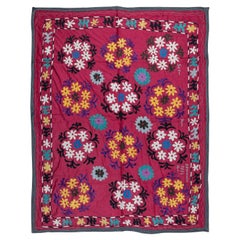Vintage Suzani Wall Hanging, Hand Embroidered Cotton Bed Cover in Red