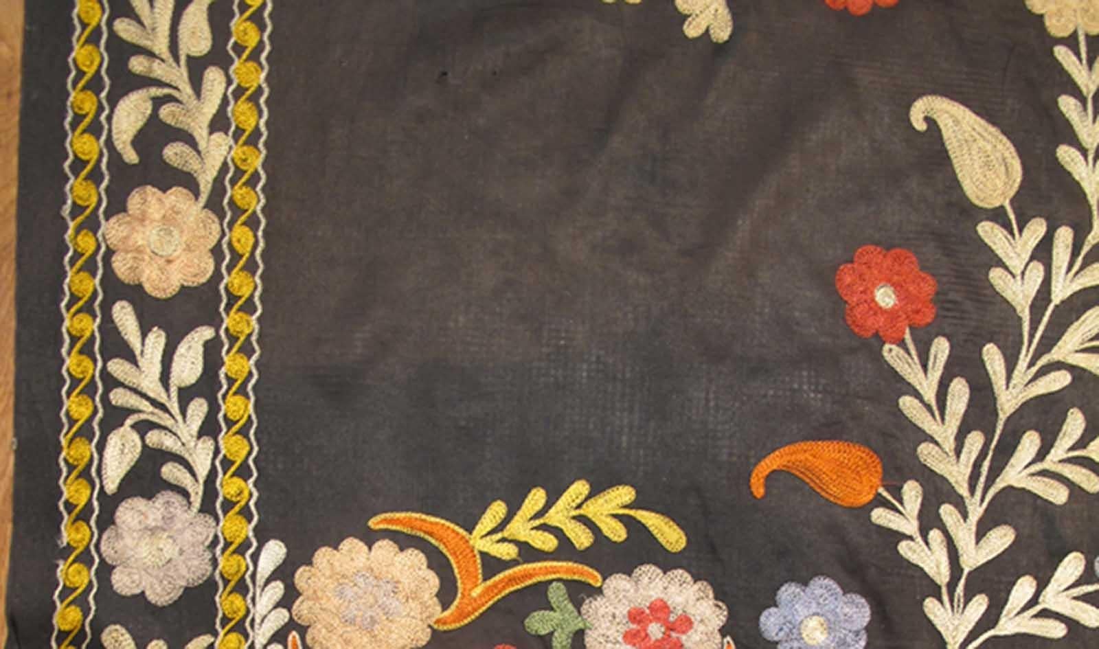 Vintage Silk Suzani with Colorful Embroidery on Charcoal Background.  Rug #H-1306-5;
