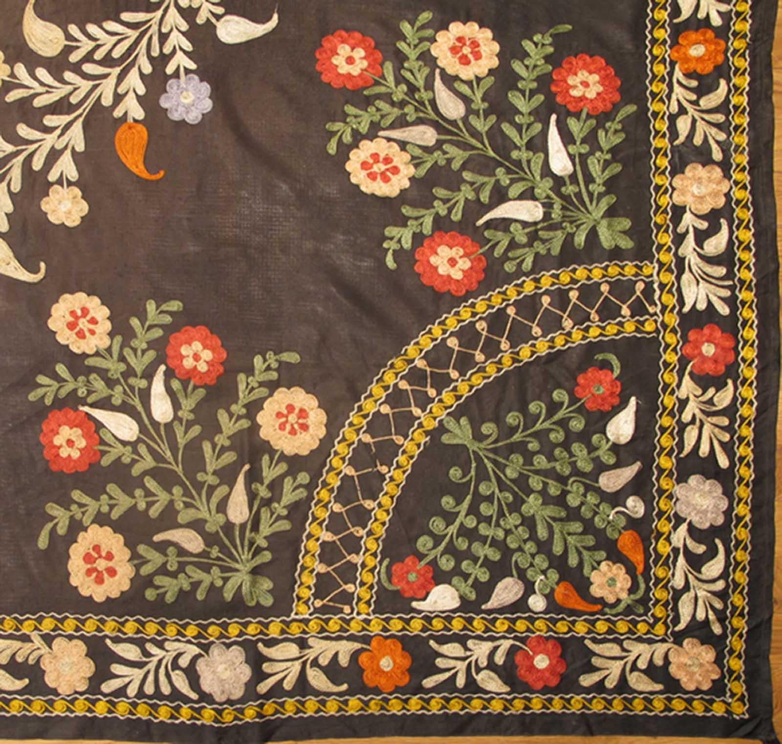 Uzbek Silk Squared Shape Suzani with Colorful Embroidery on Charcoal Background