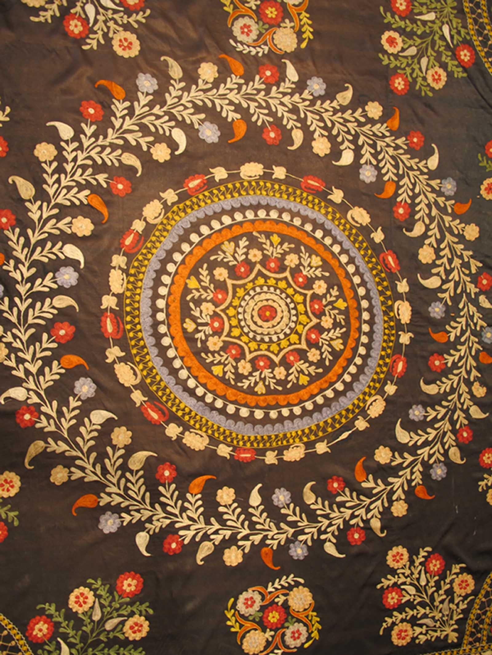 Silk Squared Shape Suzani with Colorful Embroidery on Charcoal Background In Good Condition In Atlanta, GA