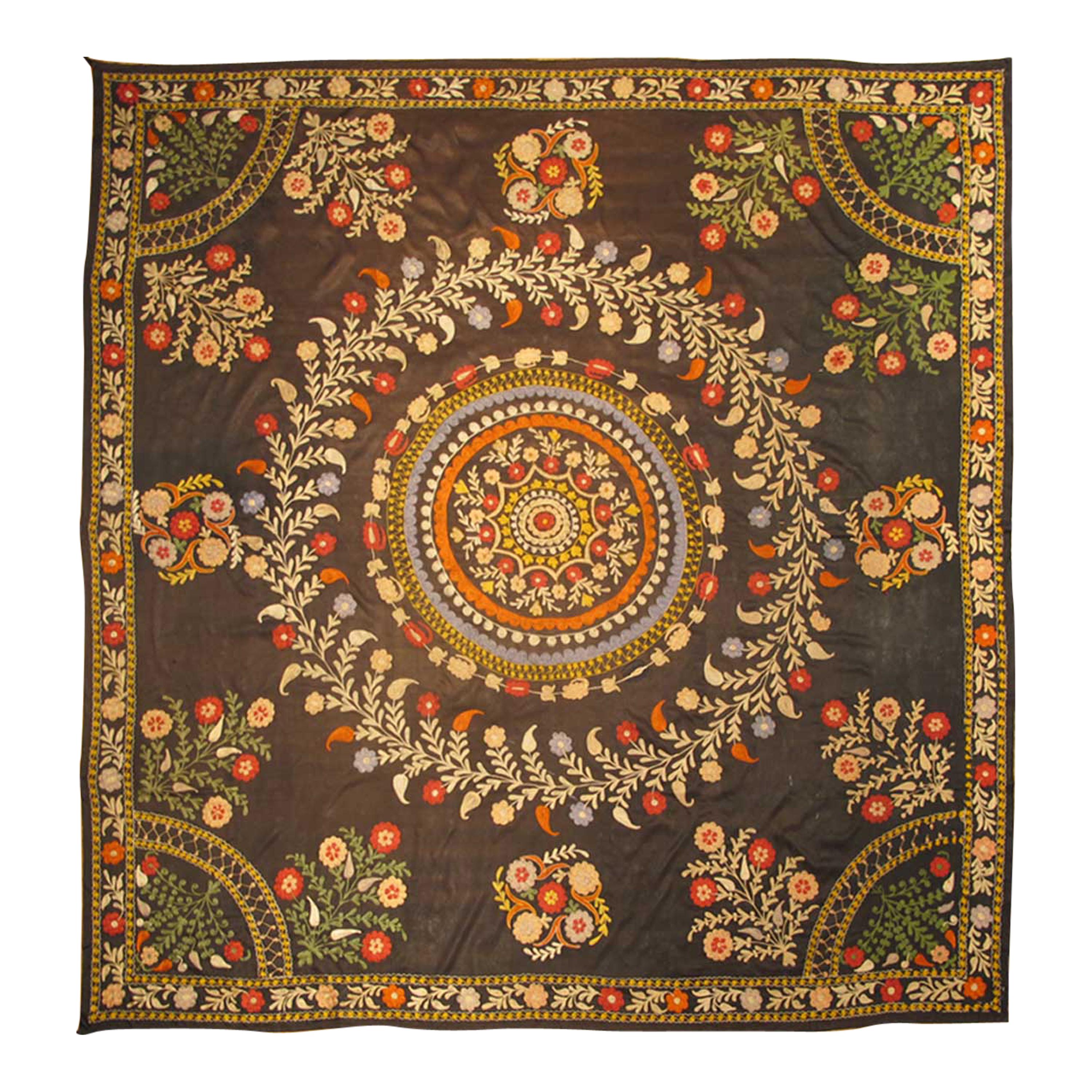 Silk Squared Shape Suzani with Colorful Embroidery on Charcoal Background