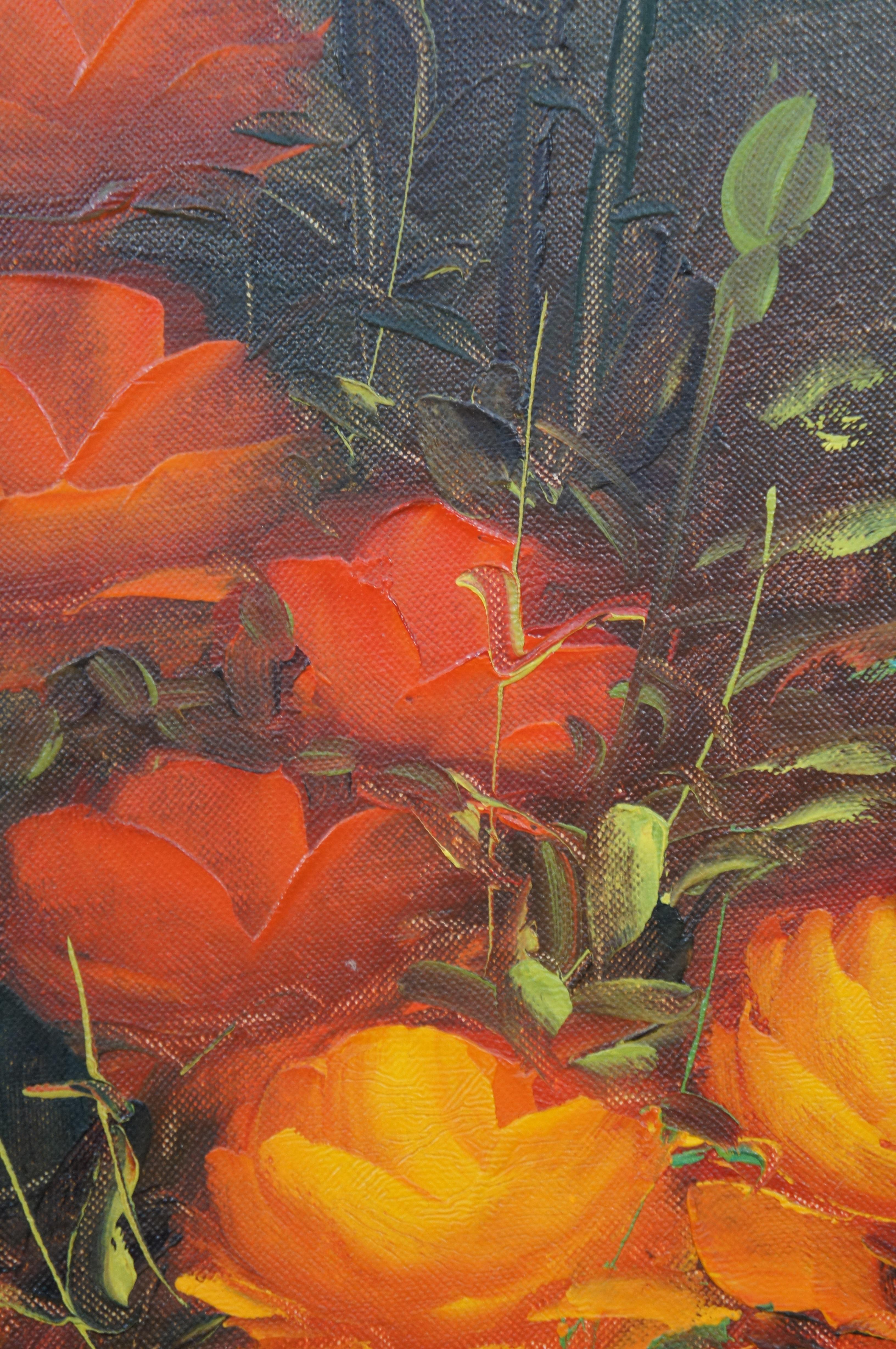 Vintage Suzanne Natura morta floreale dipinto a olio su tela Bouquet di rose arancioni in vendita 4