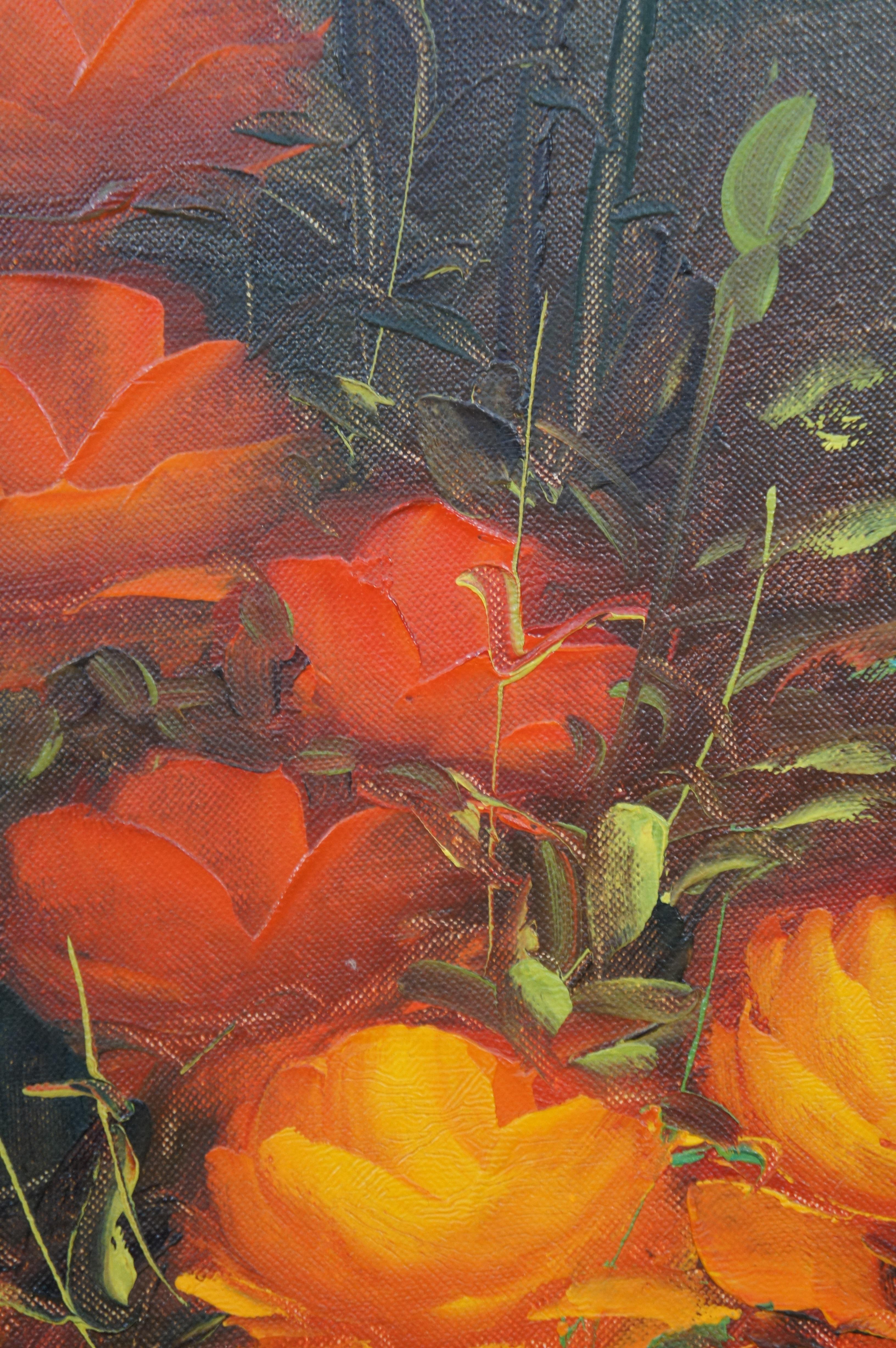 Vintage Suzanne Floral Still Life Oil Painting on Canvas Orange Rose Bouquet 1