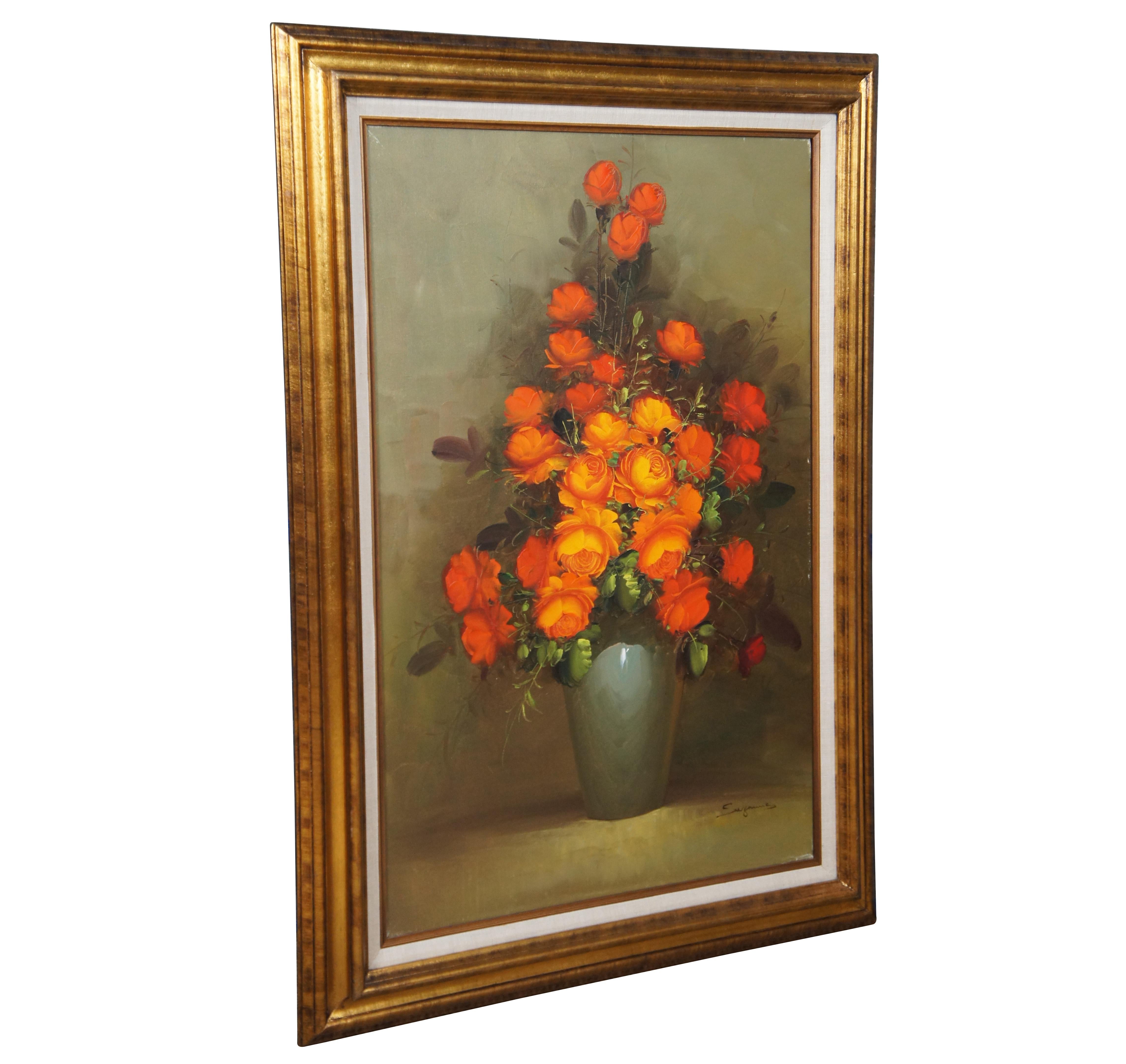 Expressionniste Nature morte florale vintage Suzanne - Peinture à l'huile sur toile - Bouquet de roses orange 44