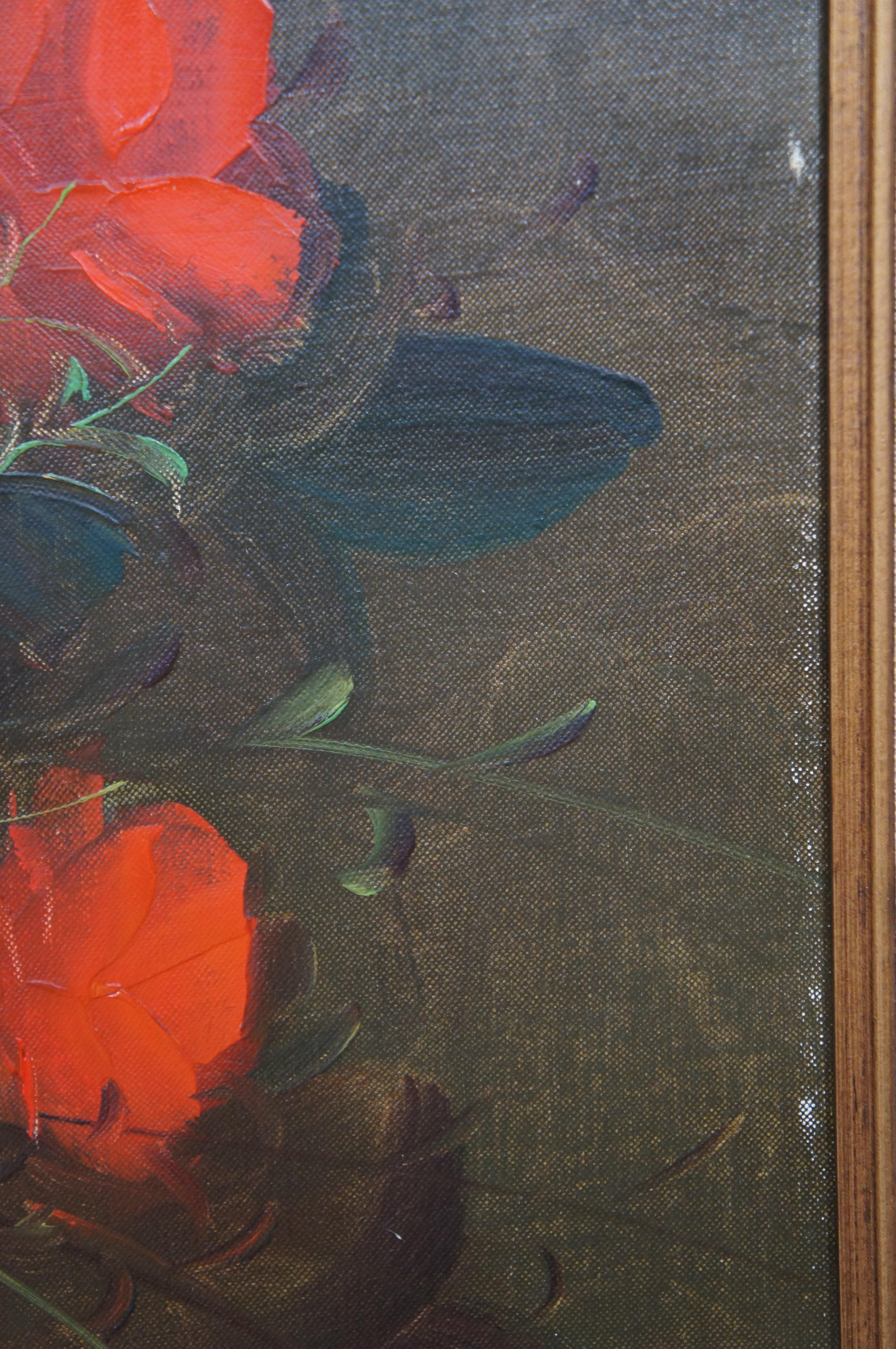 Vintage Suzanne Floral Still Life Oil Painting on Canvas Orange Rose Bouquet In Good Condition For Sale In Dayton, OH