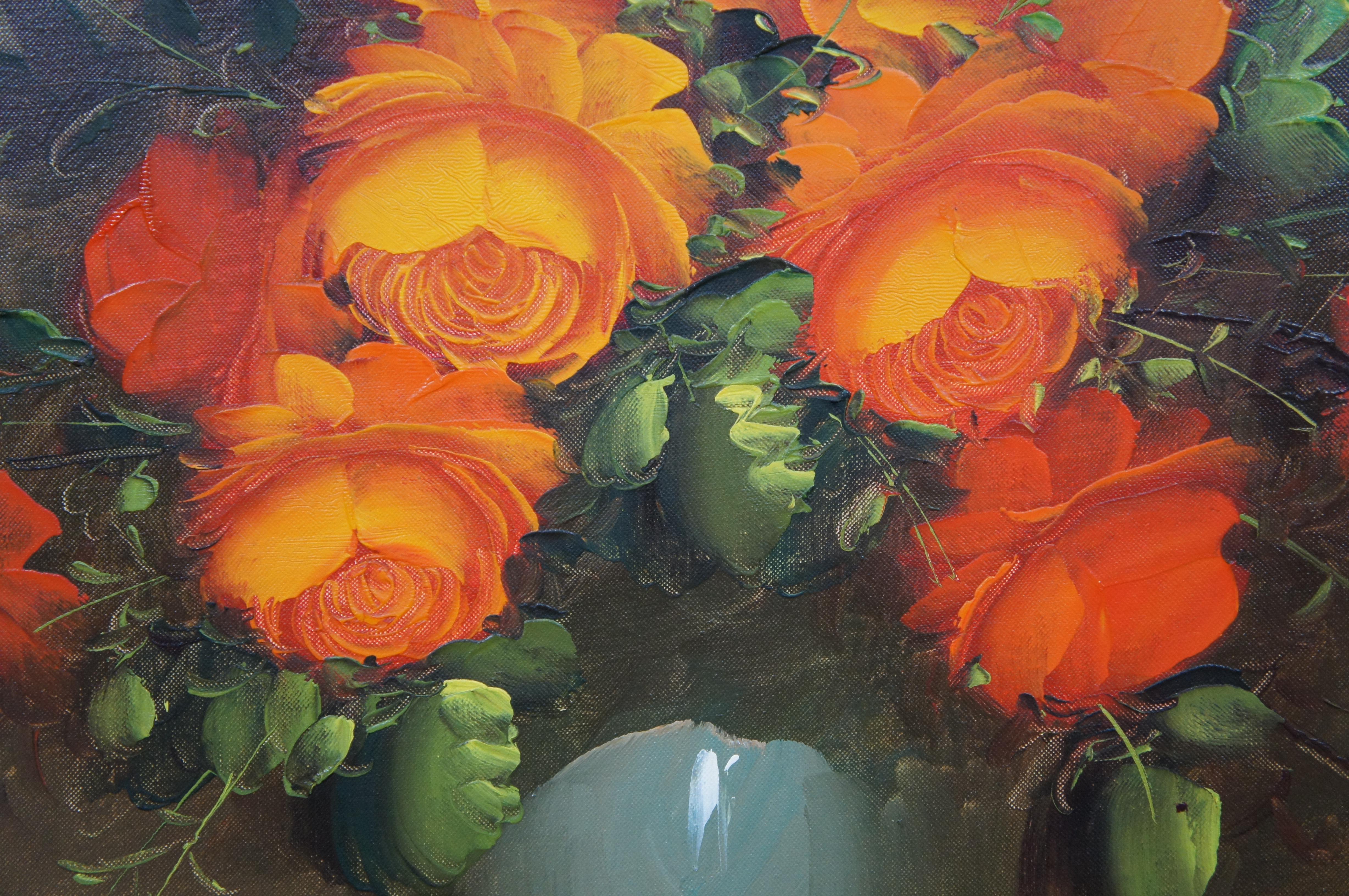 20th Century Vintage Suzanne Floral Still Life Oil Painting on Canvas Orange Rose Bouquet For Sale