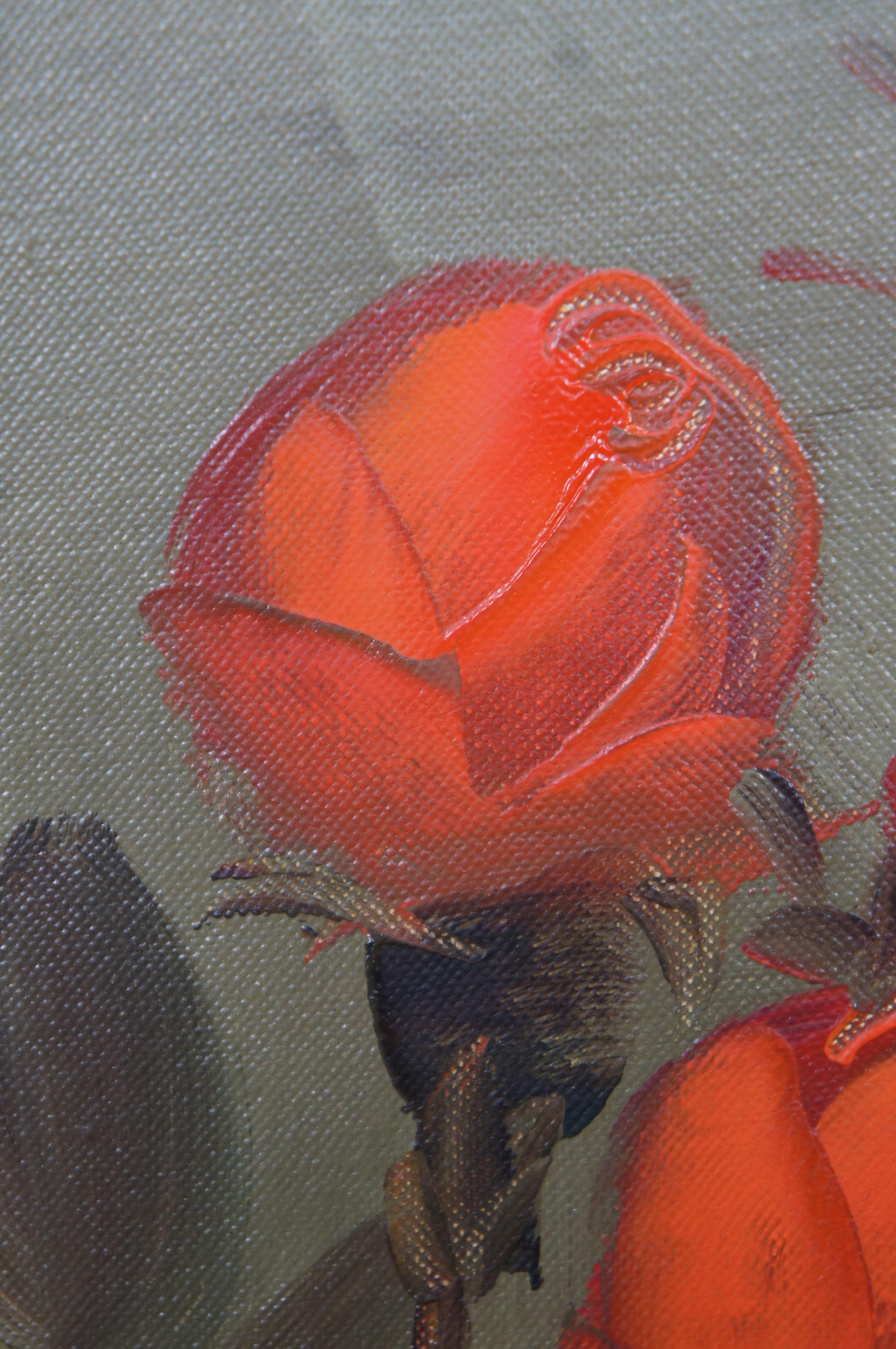 Wood Vintage Suzanne Floral Still Life Oil Painting on Canvas Orange Rose Bouquet For Sale