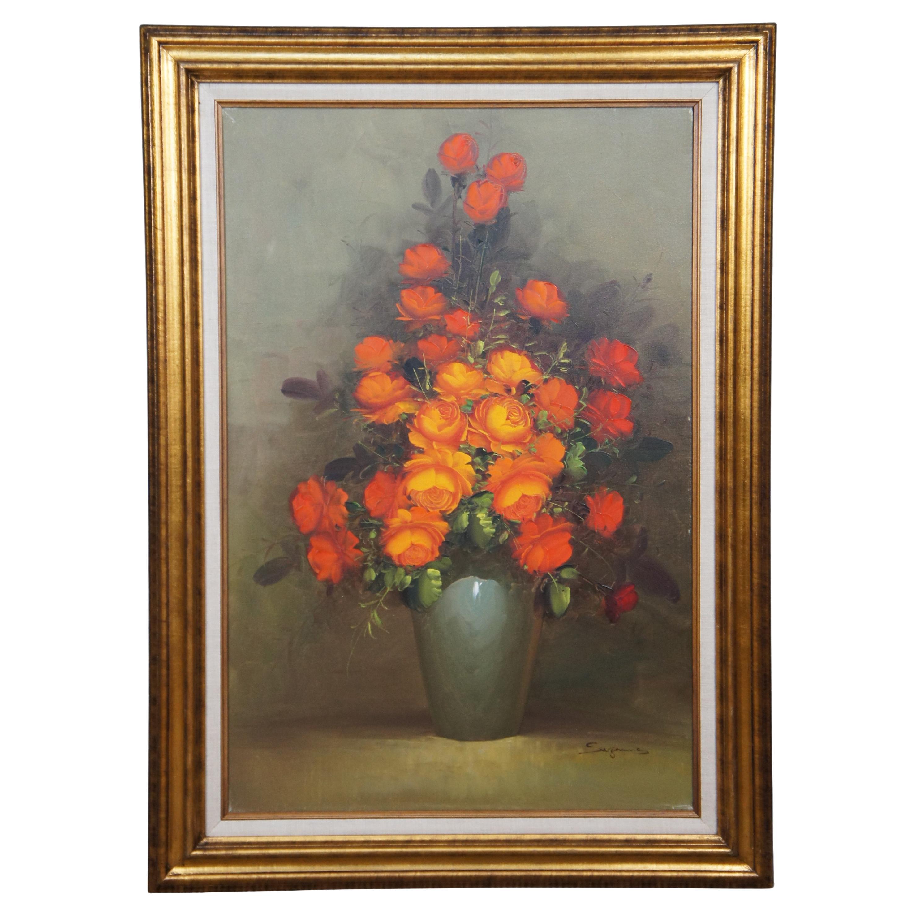 Vintage Suzanne Natura morta floreale dipinto a olio su tela Bouquet di rose arancioni in vendita