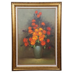 Vintage Suzanne Floral Still Life Oil Painting on Canvas Orange Rose Bouquet