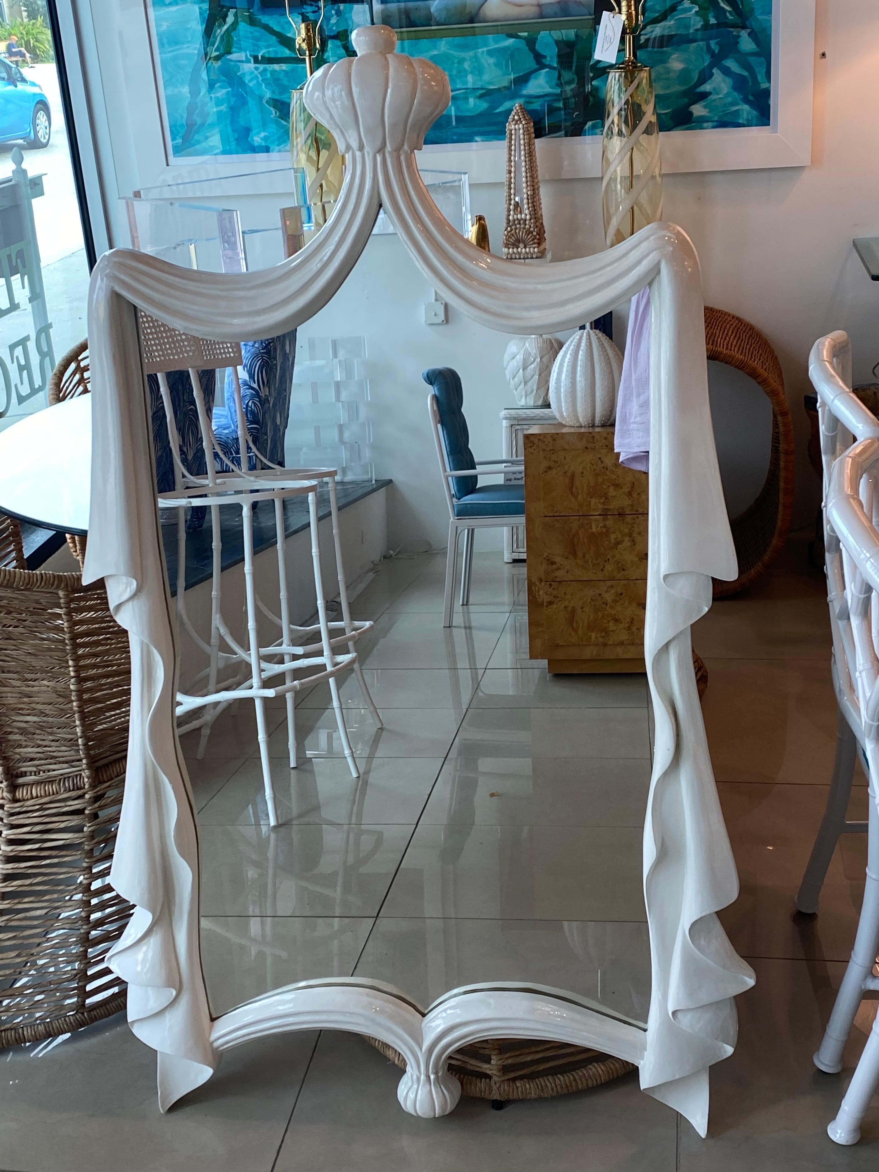 Vintage Swag Draped Wall Mirror Lacquered White Dorothy Draper Style In Good Condition In West Palm Beach, FL